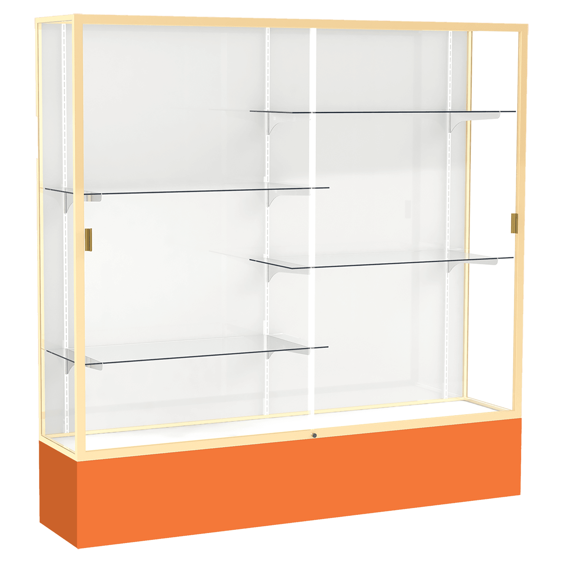 72"H x 72"W x 16"D Orange Laminate Finish, White Laminate Finish Back, Champagne Aluminum Frame, Spirit Display Case