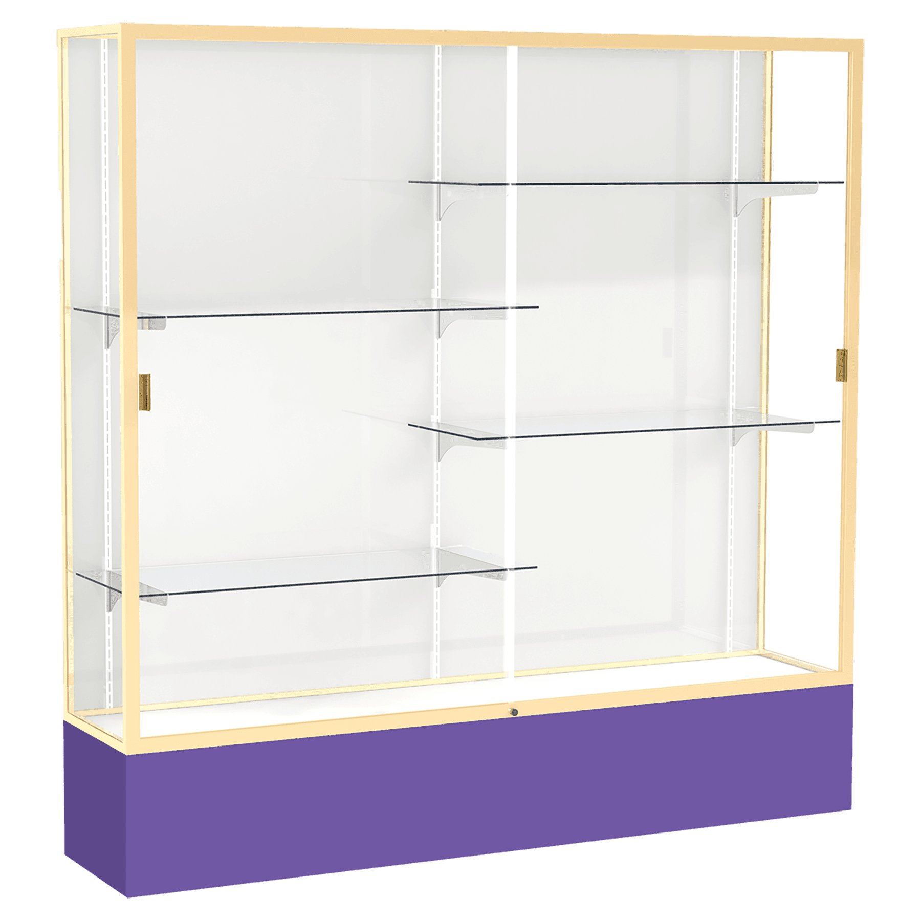 72"H x 72"W x 16"D Purple Laminate Finish, White Laminate Finish Back, Champagne Aluminum Frame, Spirit Display Case