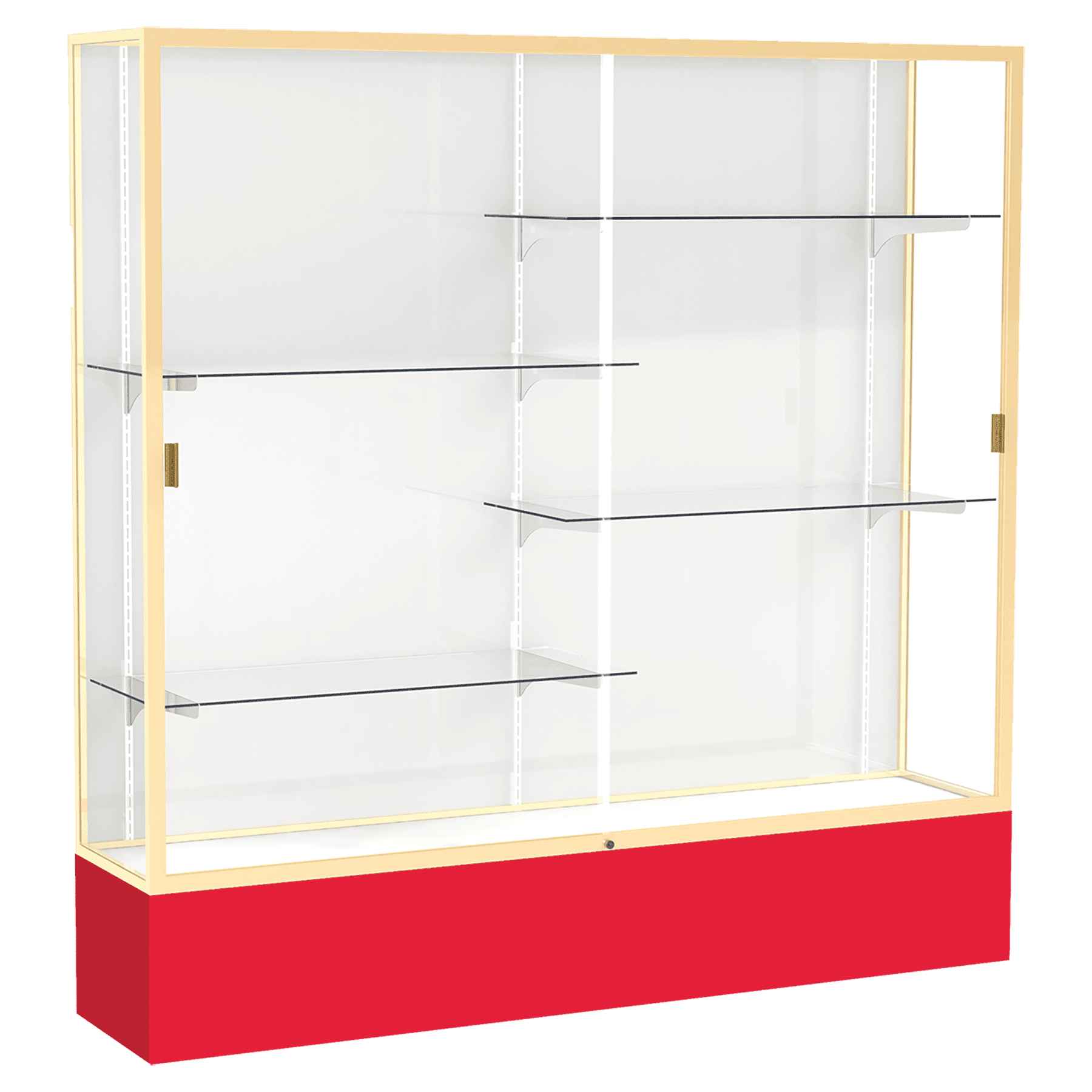 72"H x 72"W x 16"D Red Laminate Finish, White Laminate Finish Back, Champagne Aluminum Frame, Spirit Display Case