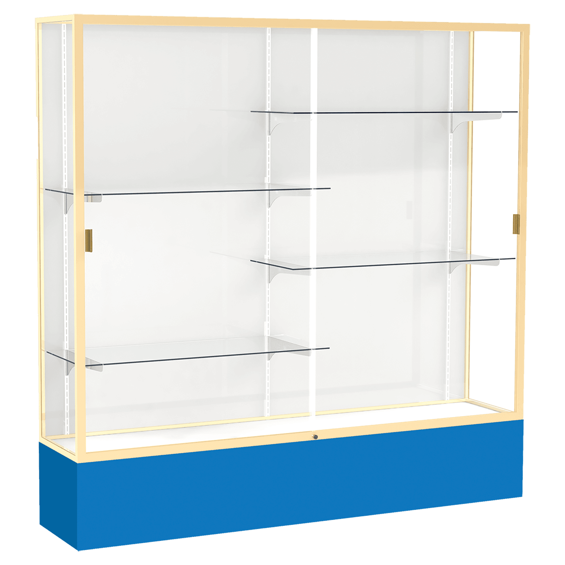 72"H x 72"W x 16"D Royal Blue Laminate Finish, White Laminate Finish Back, Champagne Aluminum Frame, Spirit Display Case