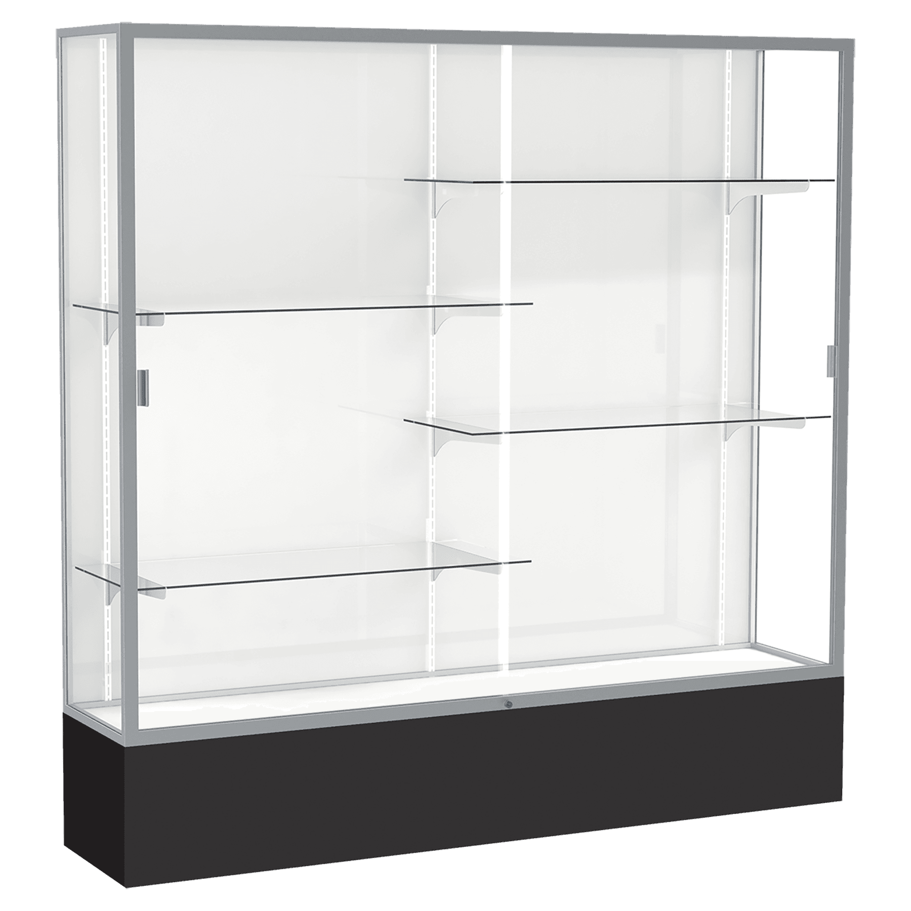 72"H x 72"W x 16"D Black Laminate Finish, White Laminate Finish Back, Satin Aluminum Frame, Spirit Display Case