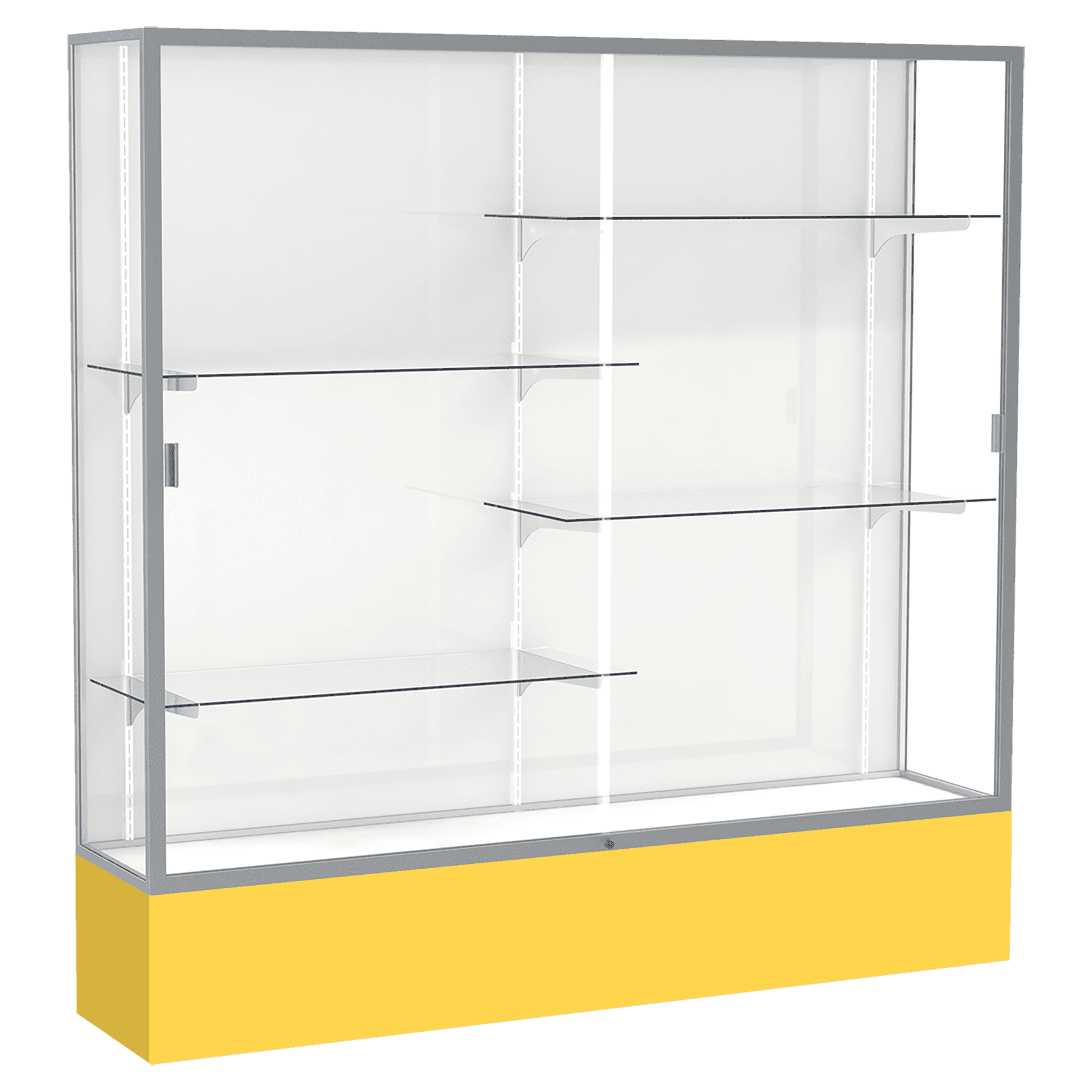 72"H x 72"W x 16"D Goldenrod Laminate Finish, White Laminate Finish Back, Satin Aluminum Frame, Spirit Display Case