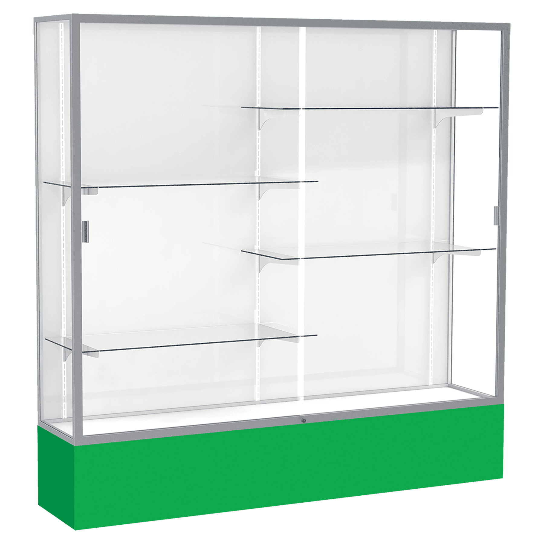 72"H x 72"W x 16"D Kelly Green Laminate Finish, White Laminate Finish Back, Satin Aluminum Frame, Spirit Display Case