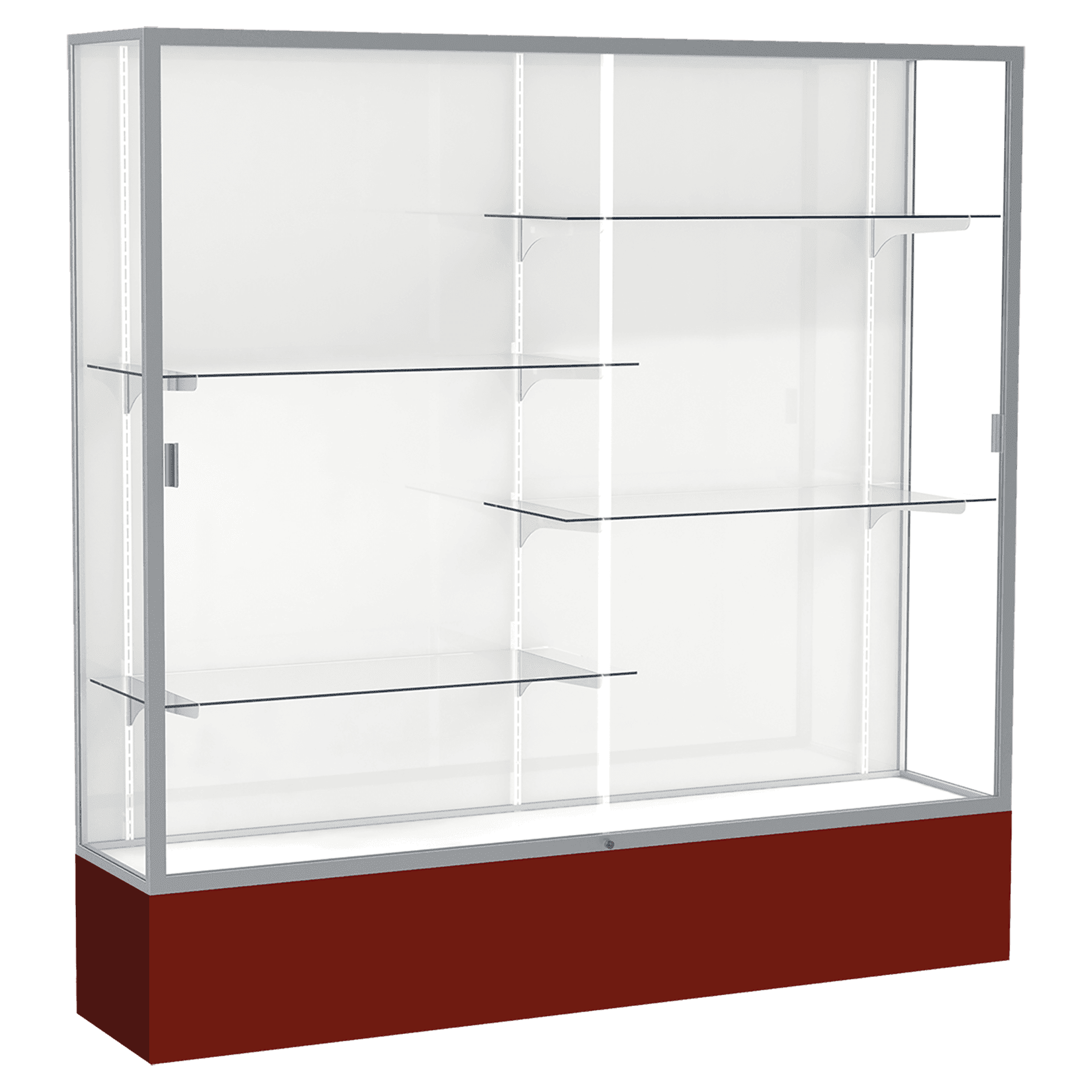 72"H x 72"W x 16"D Maroon Laminate Finish, White Laminate Finish Back, Satin Aluminum Frame, Spirit Display Case