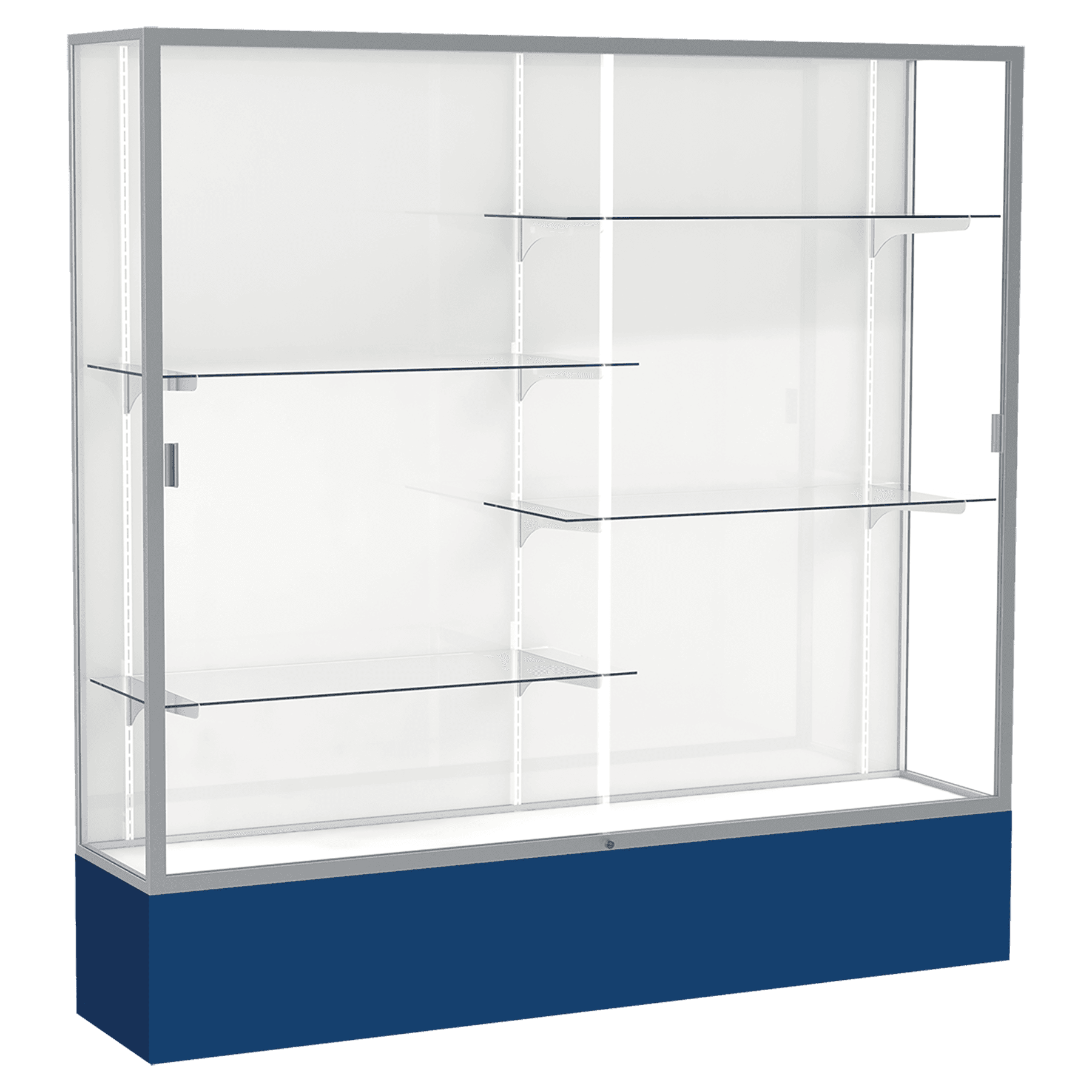72"H x 72"W x 16"D Navy Laminate Finish, White Laminate Finish Back, Satin Aluminum Frame, Spirit Display Case