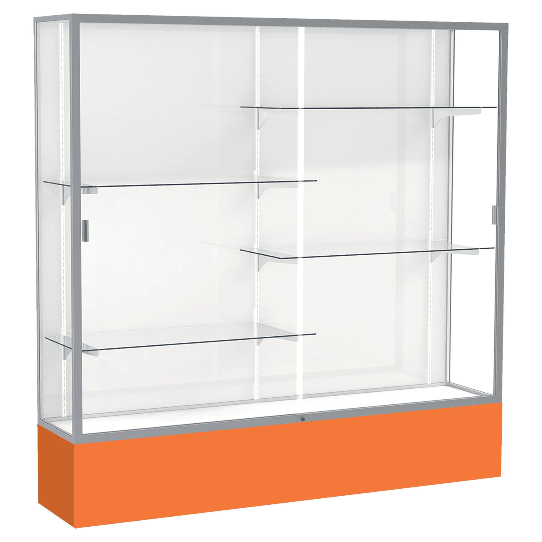 72"H x 72"W x 16"D Orange Laminate Finish, White Laminate Finish Back, Satin Aluminum Frame, Spirit Display Case