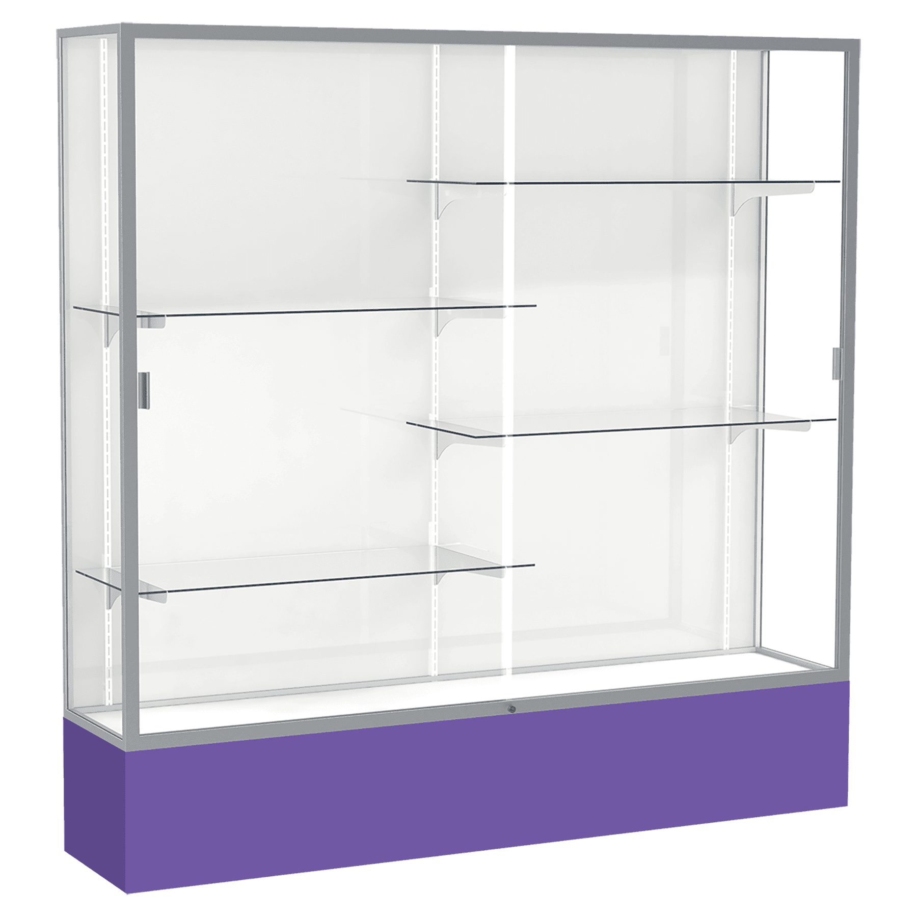 72"H x 72"W x 16"D Purple Laminate Finish, White Laminate Finish Back, Satin Aluminum Frame, Spirit Display Case