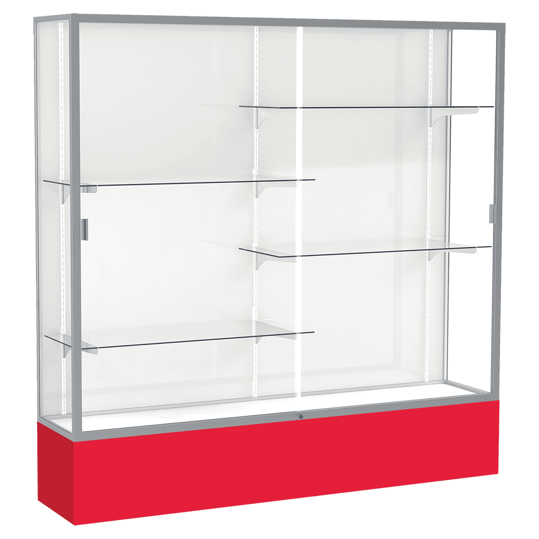 72"H x 72"W x 16"D Red Laminate Finish, White Laminate Finish Back, Satin Aluminum Frame, Spirit Display Case