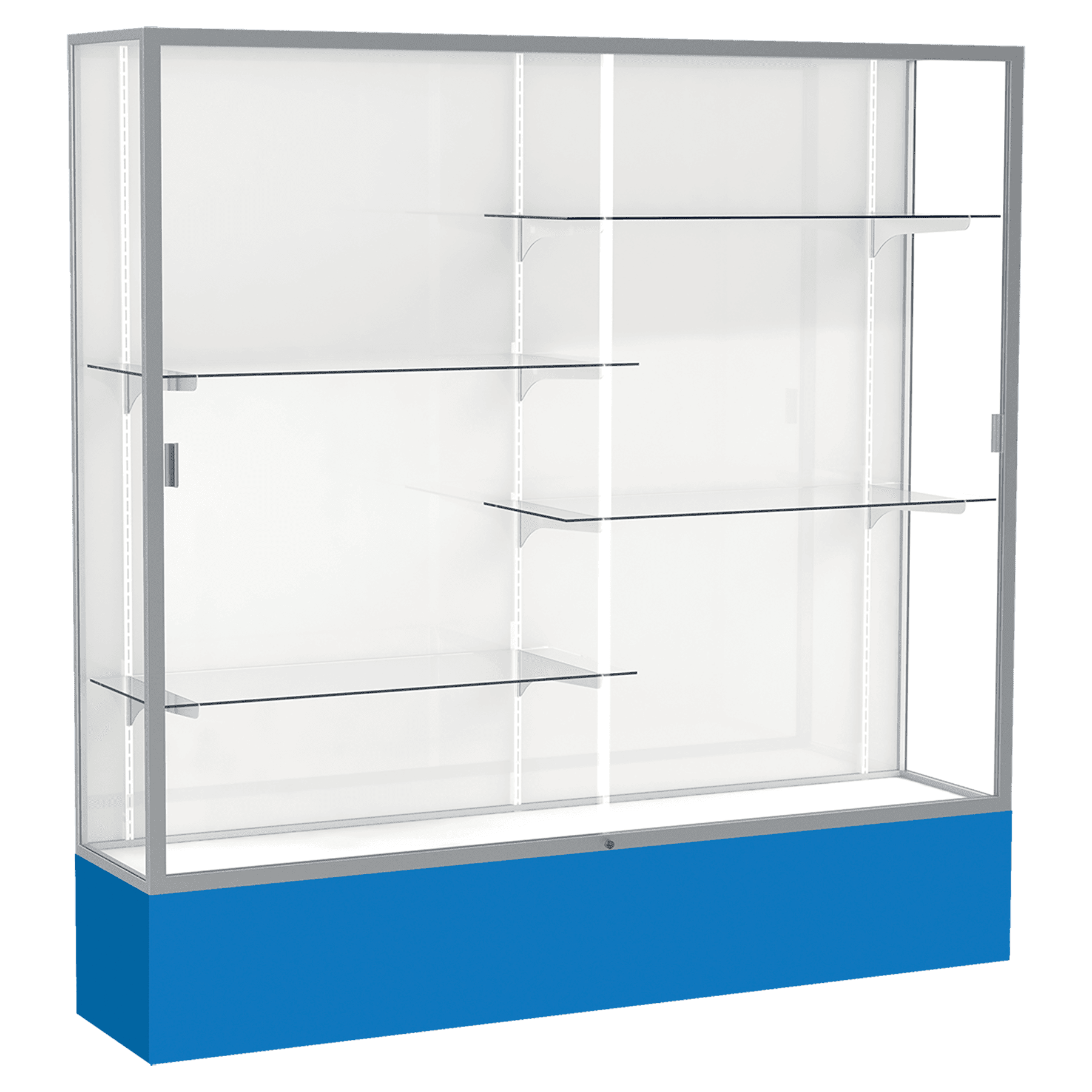 72"H x 72"W x 16"D Royal Blue Laminate Finish, White Laminate Finish Back, Satin Aluminum Frame, Spirit Display Case