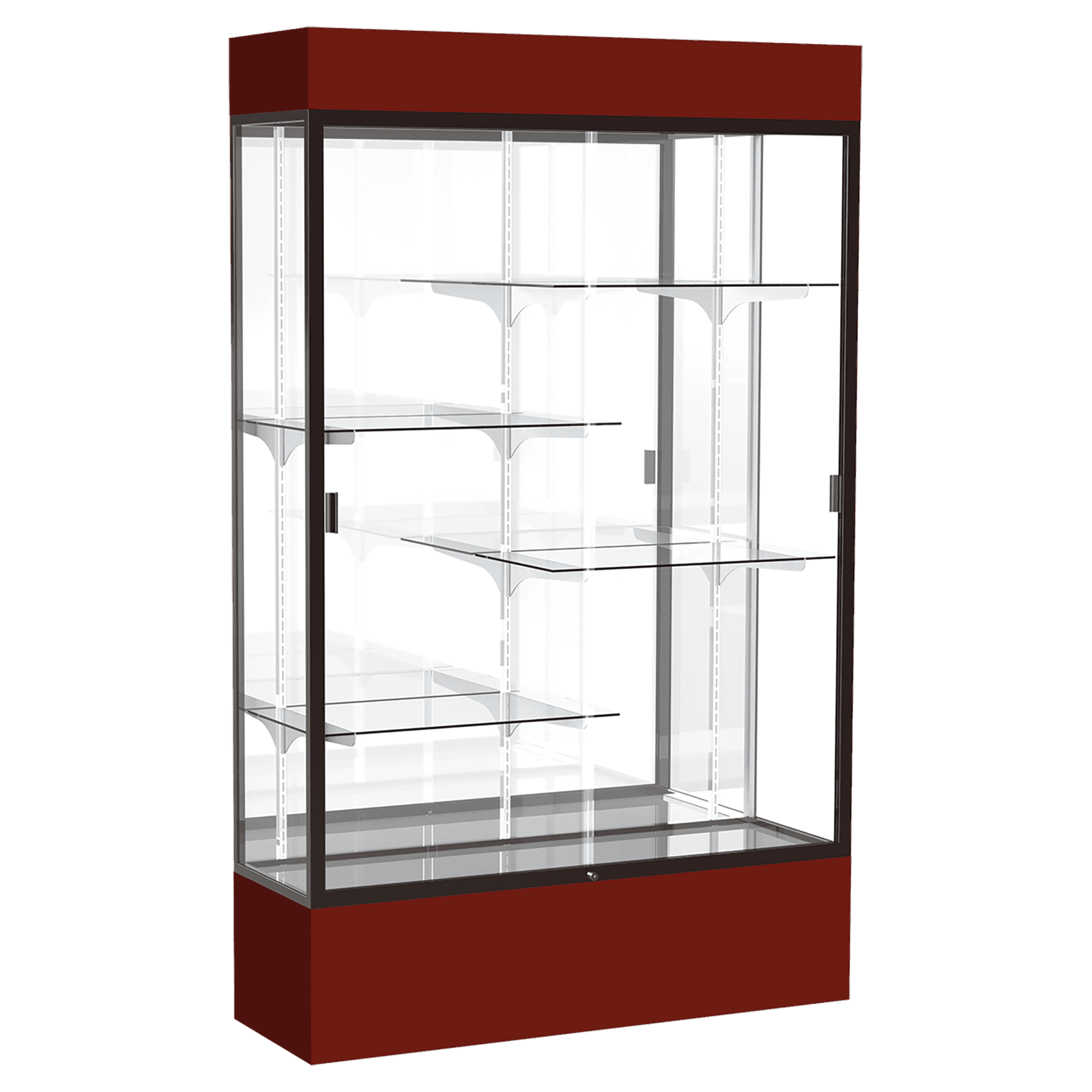 80"H x 48"W x 16"D Maroon Laminate Finish, Mirror Back, Bronze Aluminum Frame, Lighted, Spirit Display Case