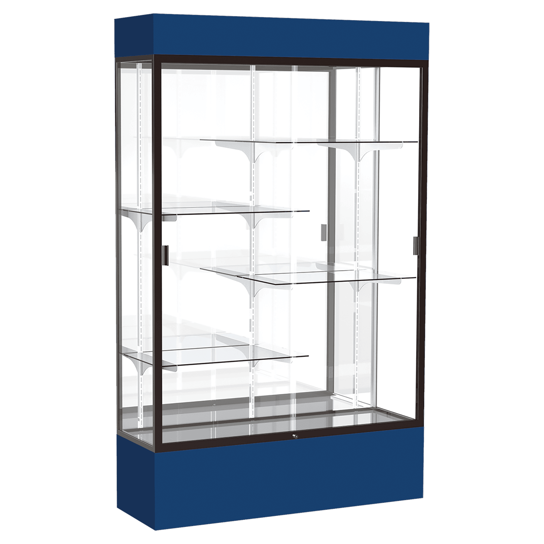 80"H x 48"W x 16"D Navy Laminate Finish, Mirror Back, Bronze Aluminum Frame, Lighted, Spirit Display Case