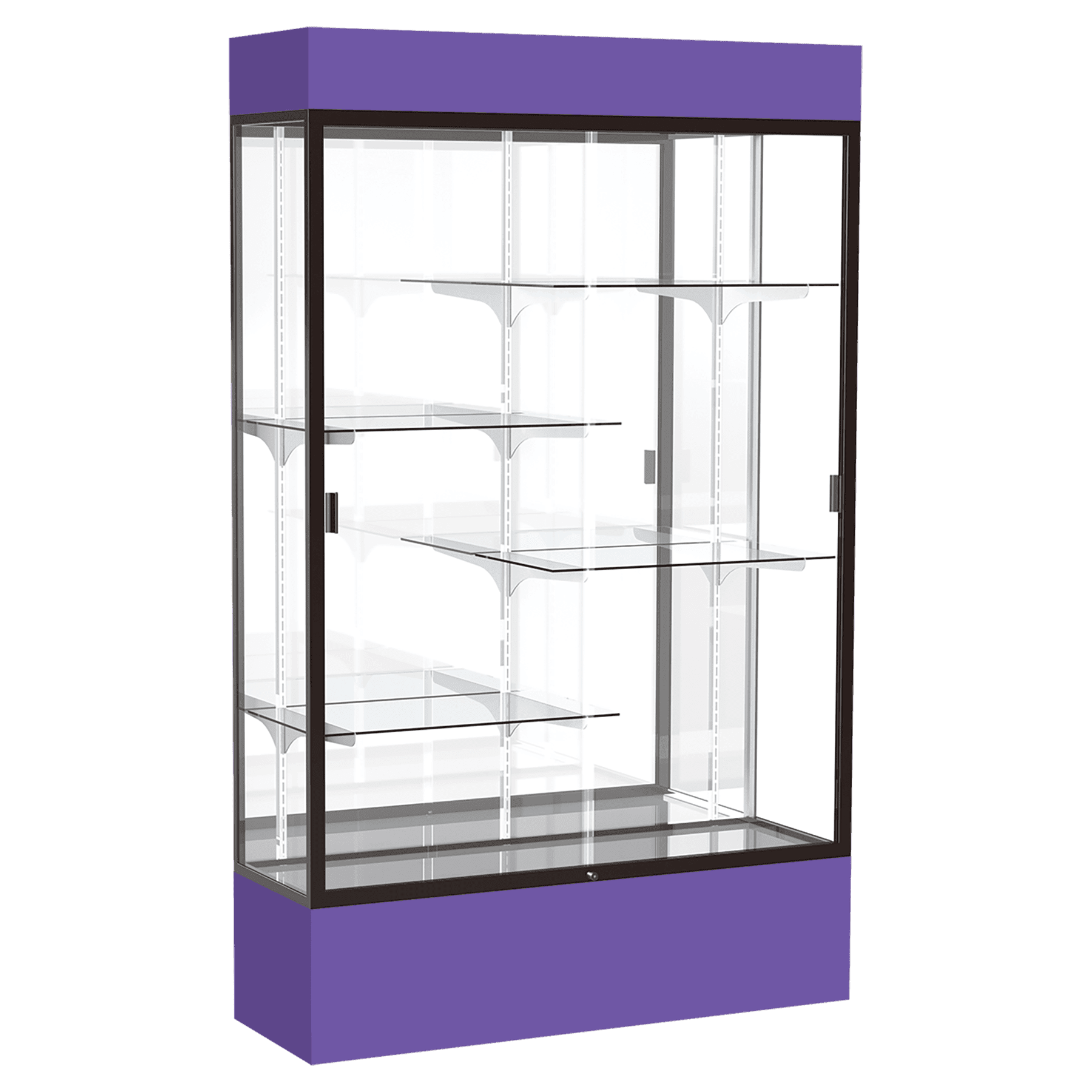 80"H x 48"W x 16"D Purple Laminate Finish, Mirror Back, Bronze Aluminum Frame, Lighted, Spirit Display Case