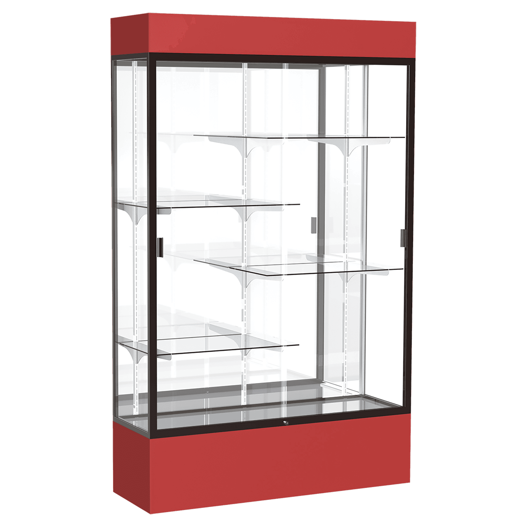 80"H x 48"W x 16"D Red Laminate Finish, Mirror Back, Bronze Aluminum Frame, Lighted, Spirit Display Case