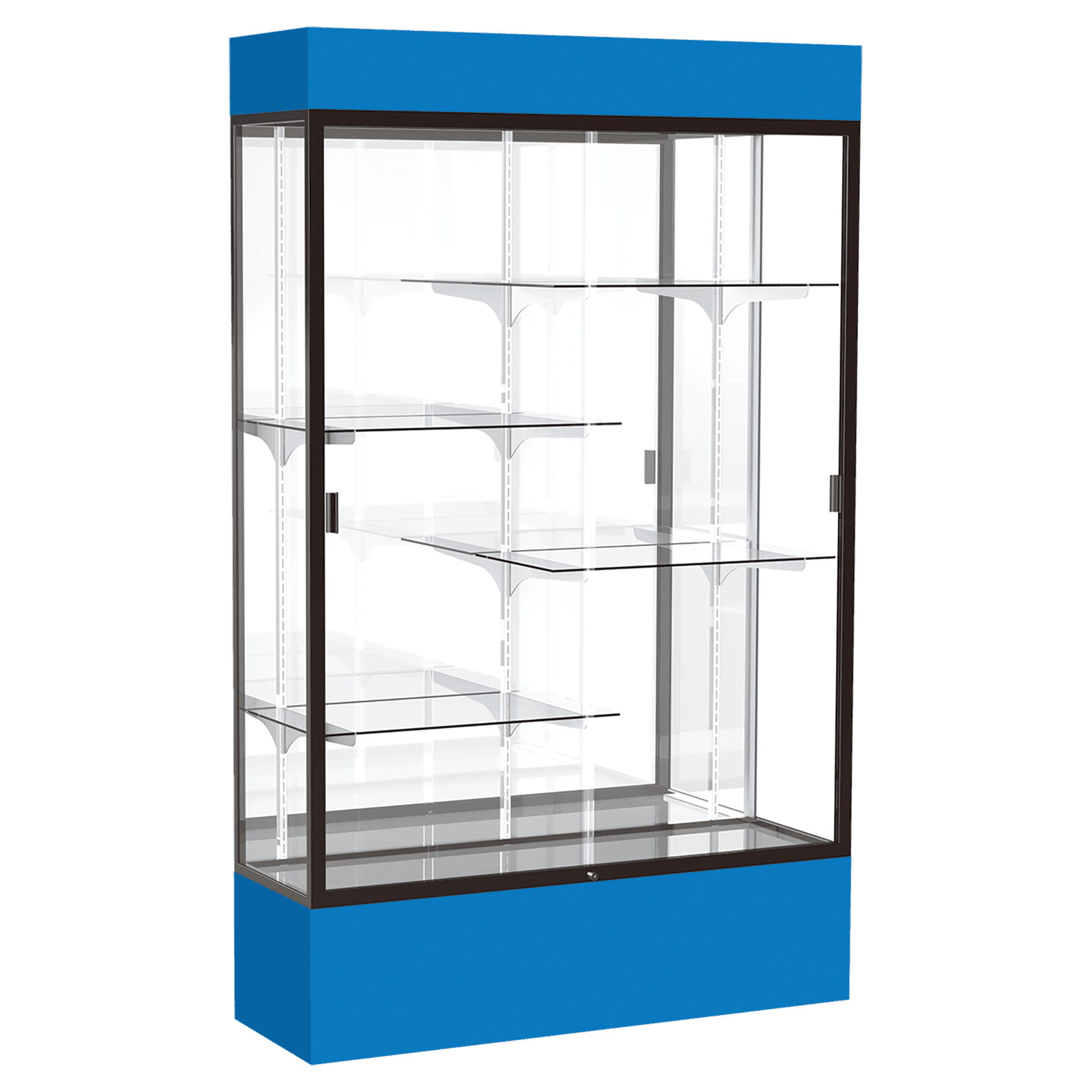 80"H x 48"W x 16"D Royal Blue Laminate Finish, Mirror Back, Bronze Aluminum Frame, Lighted, Spirit Display Case