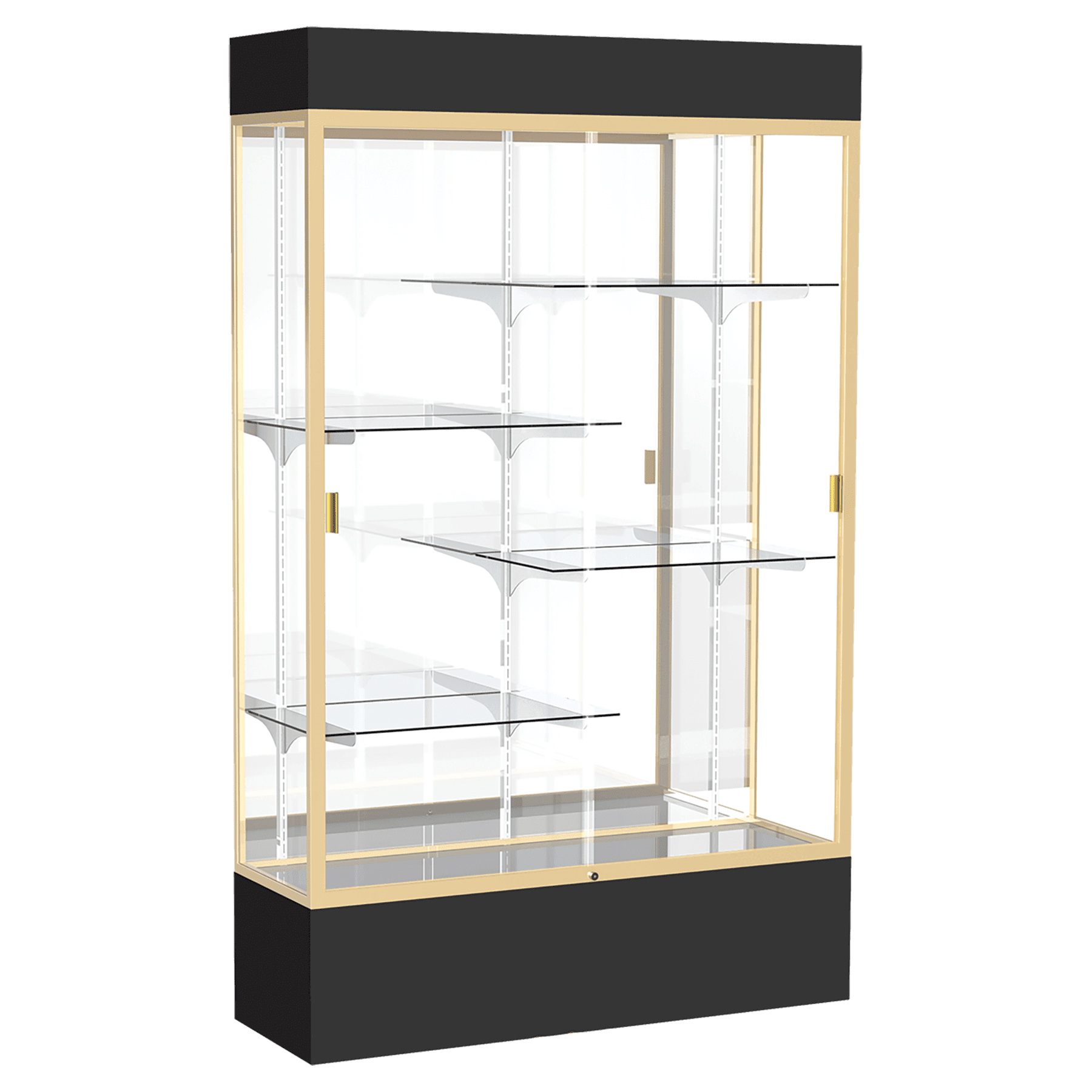 80"H x 48"W x 16"D Black Laminate Finish, Mirror Back, Champagne Aluminum Frame, Lighted, Spirit Display Case