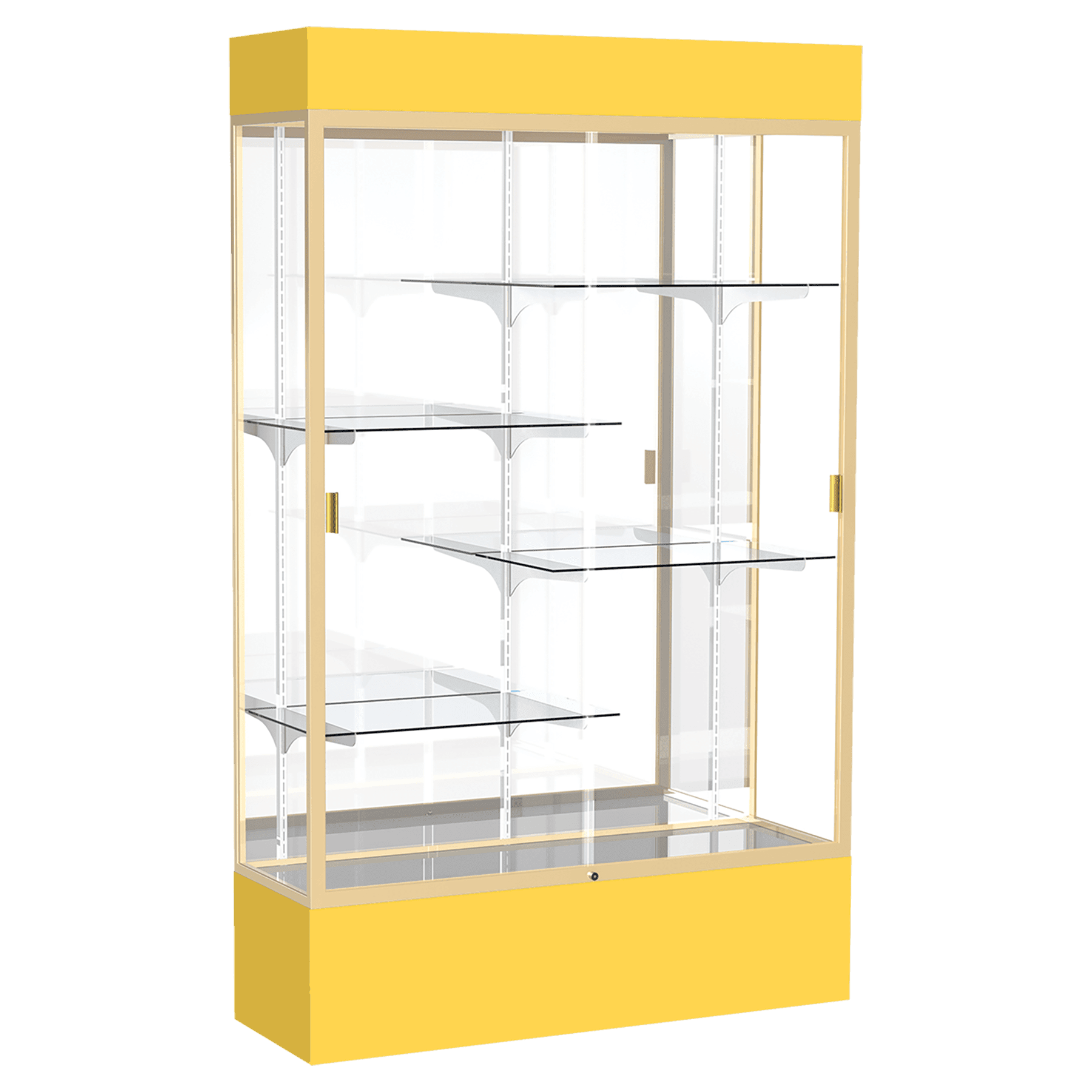 80"H x 48"W x 16"D Goldenrod Laminate Finish, Mirror Back, Champagne Aluminum Frame, Lighted, Spirit Display Case