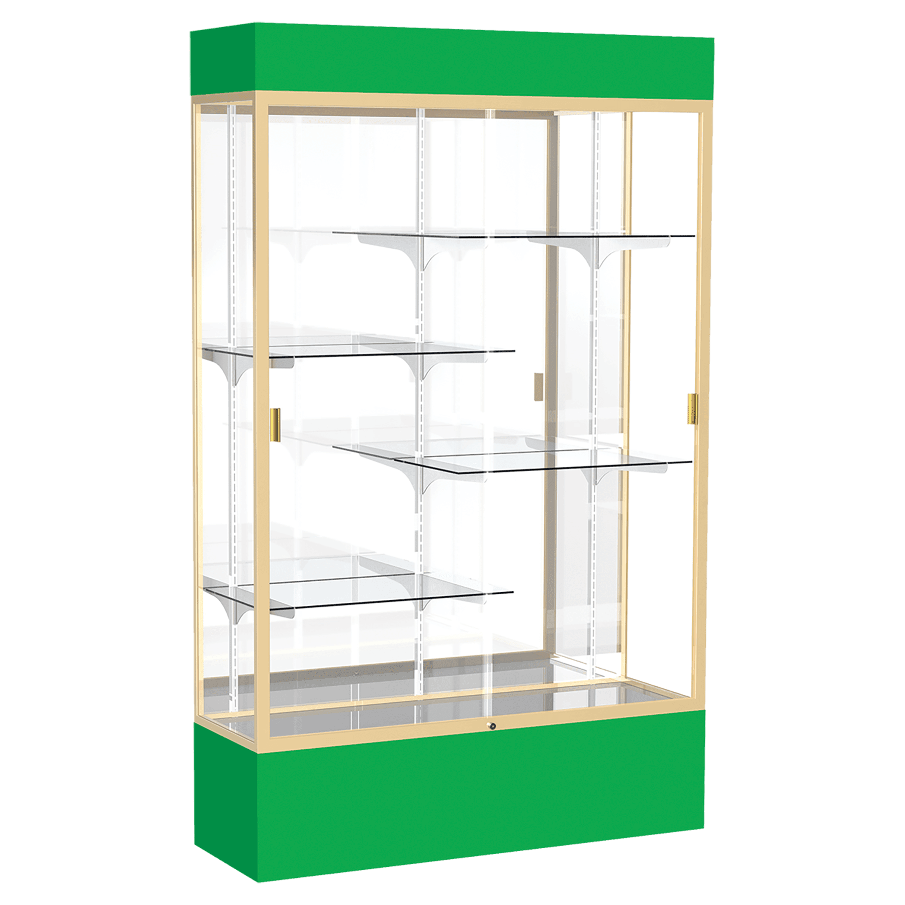 80"H x 48"W x 16"D Kelly Green Laminate Finish, Mirror Back, Champagne Aluminum Frame, Lighted, Spirit Display Case