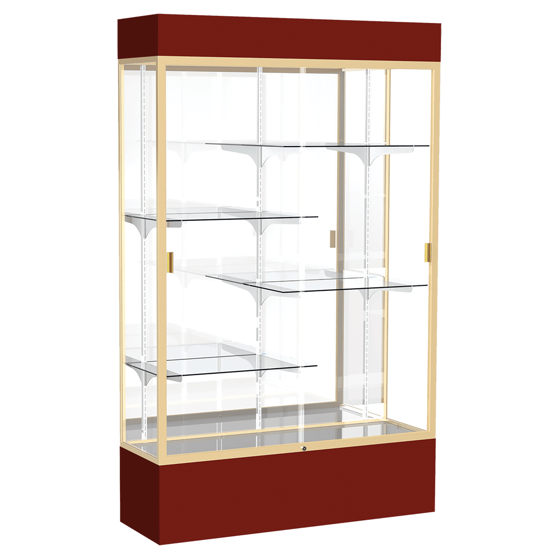 80"H x 48"W x 16"D Maroon Laminate Finish, Mirror Back, Champagne Aluminum Frame, Lighted, Spirit Display Case