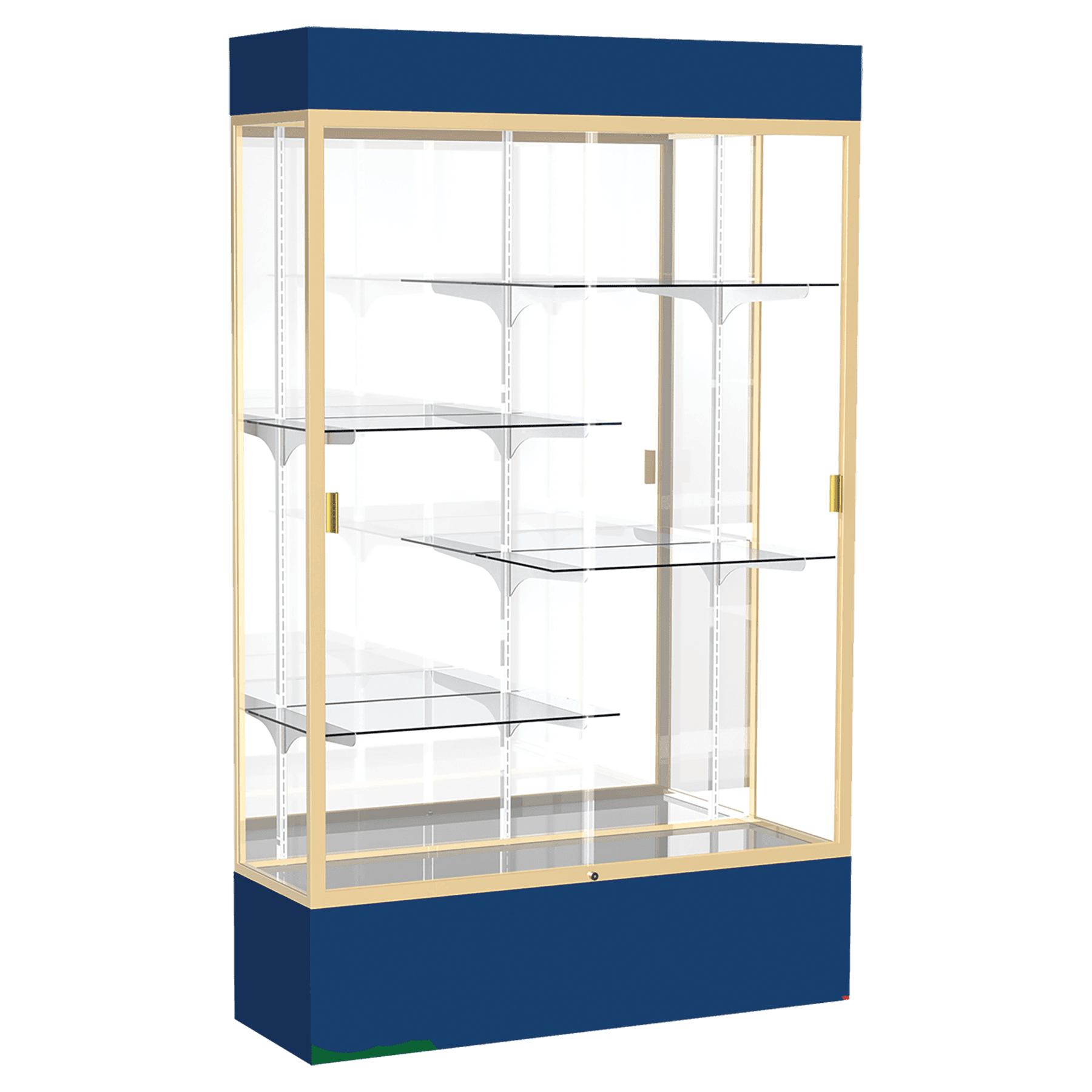 80"H x 48"W x 16"D Navy Laminate Finish, Mirror Back, Champagne Aluminum Frame, Lighted, Spirit Display Case
