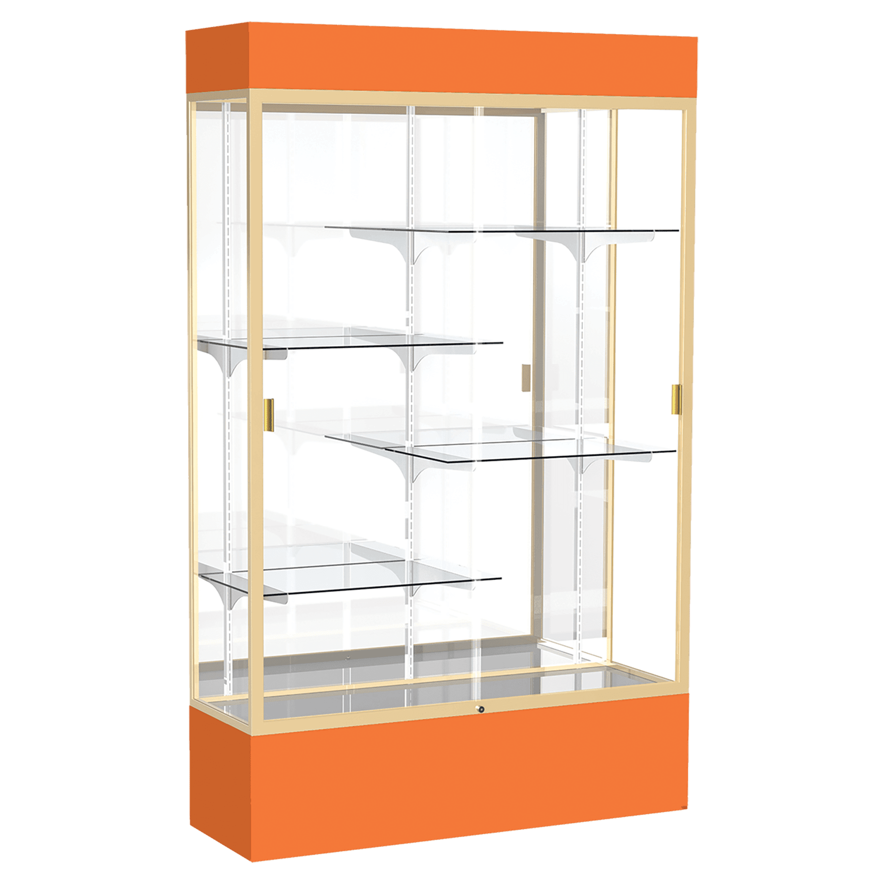 80"H x 48"W x 16"D Orange Laminate Finish, Mirror Back, Champagne Aluminum Frame, Lighted, Spirit Display Case