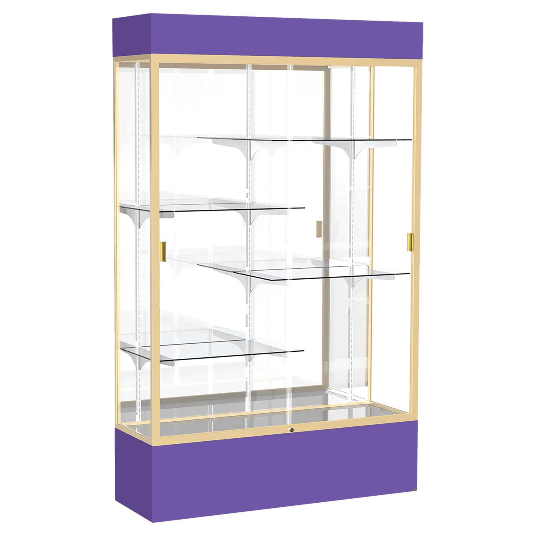 80"H x 48"W x 16"D Purple Laminate Finish, Mirror Back, Champagne Aluminum Frame, Lighted, Spirit Display Case