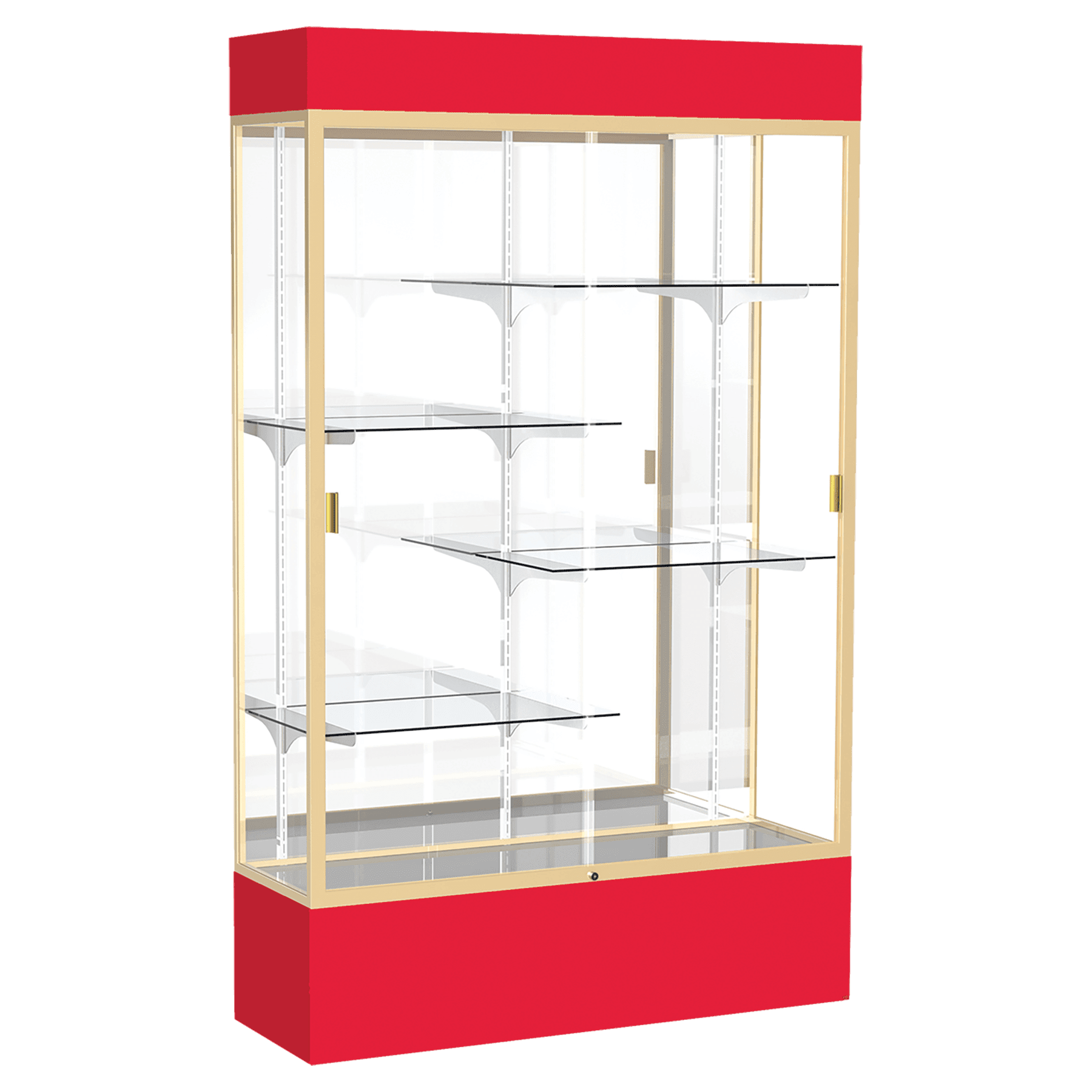 80"H x 48"W x 16"D Red Laminate Finish, Mirror Back, Champagne Aluminum Frame, Lighted, Spirit Display Case