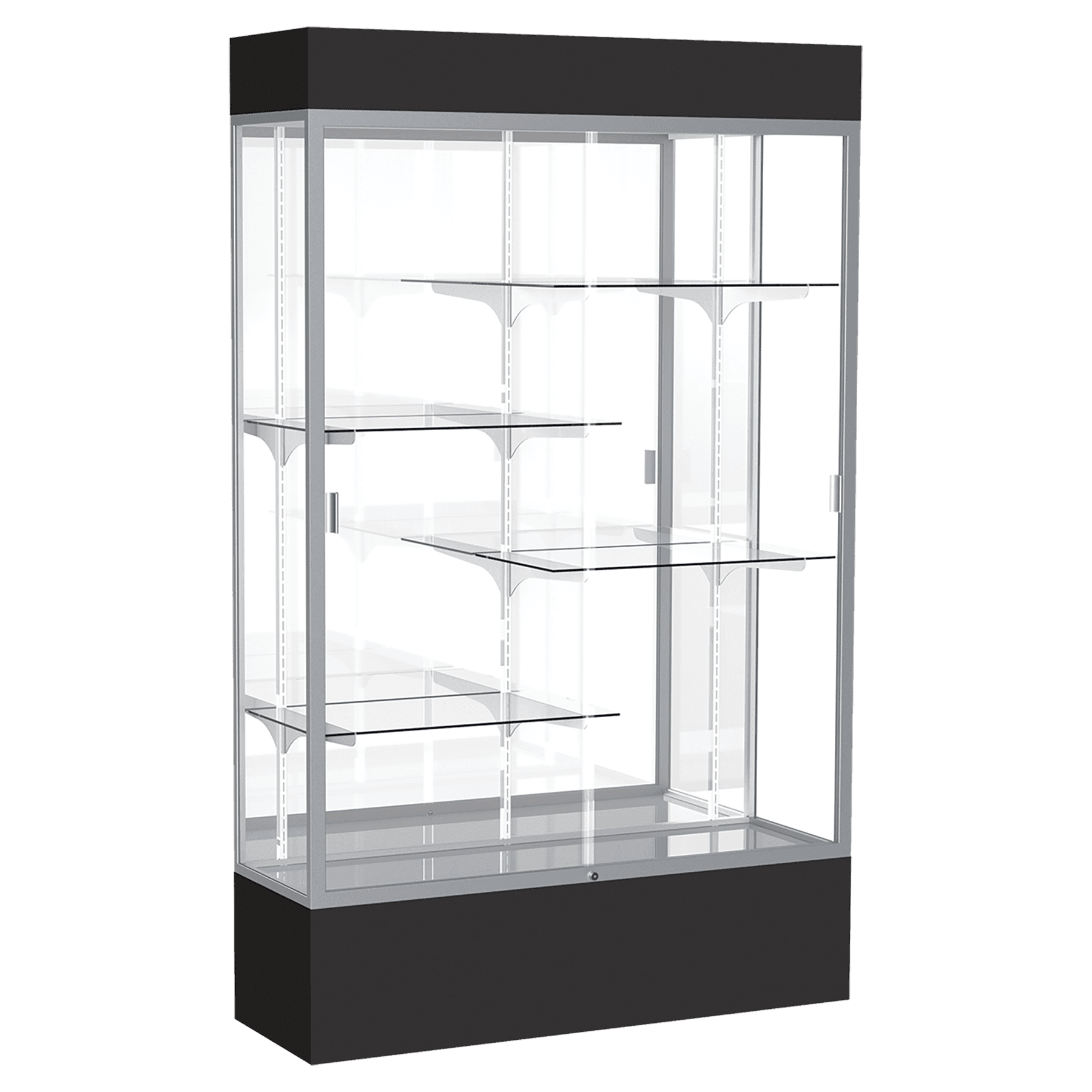 80"H x 48"W x 16"D Black Laminate Finish, Mirror Back, Satin Aluminum Frame, Lighted, Spirit Display Case