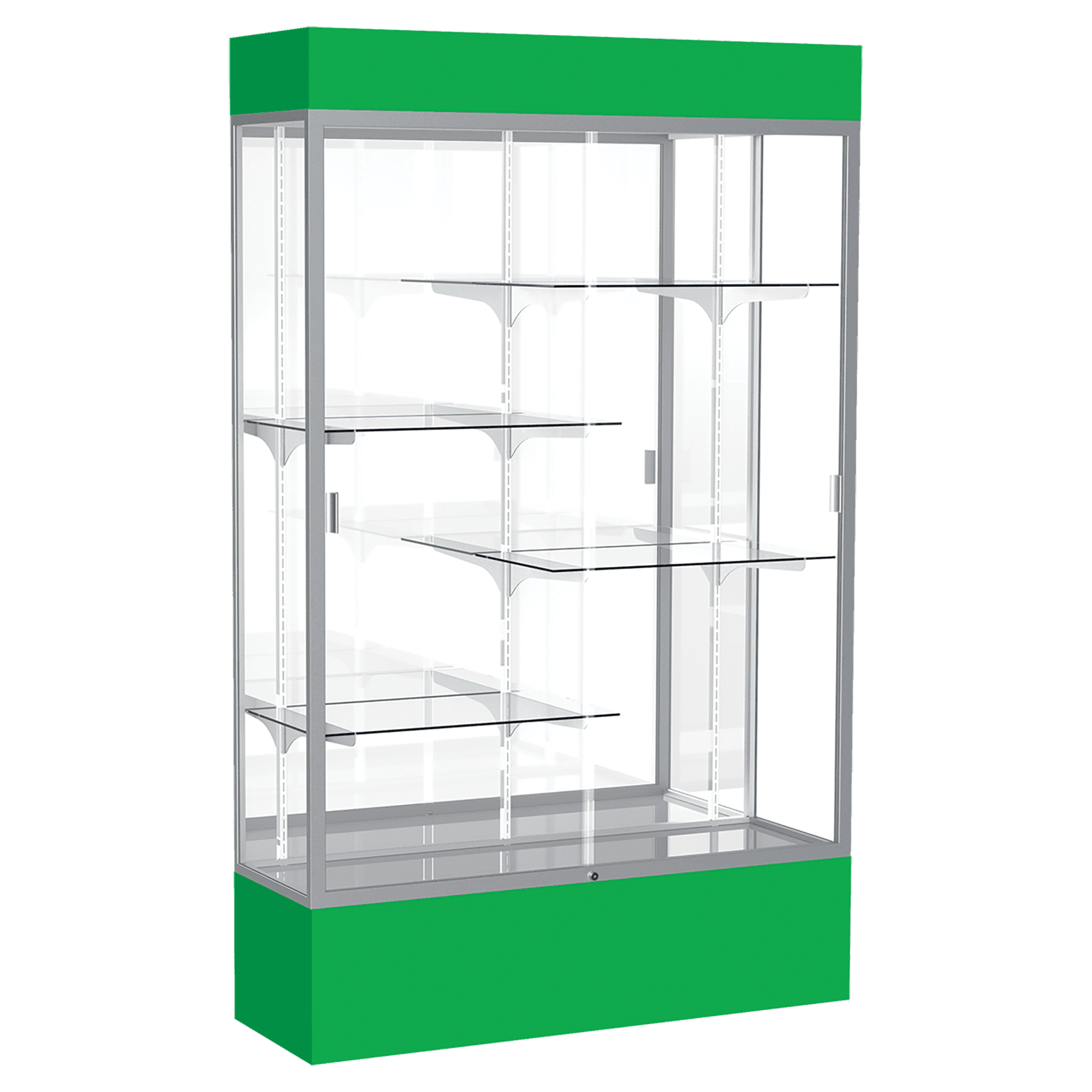 80"H x 48"W x 16"D Kelly Green Laminate Finish, Mirror Back, Satin Aluminum Frame, Lighted, Spirit Display Case