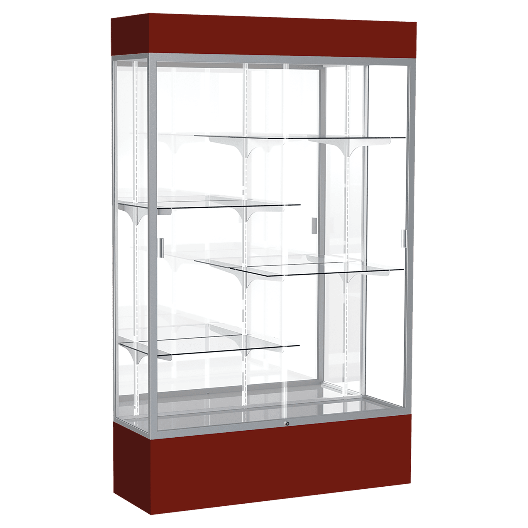 80"H x 48"W x 16"D Maroon Laminate Finish, Mirror Back, Satin Aluminum Frame, Lighted, Spirit Display Case