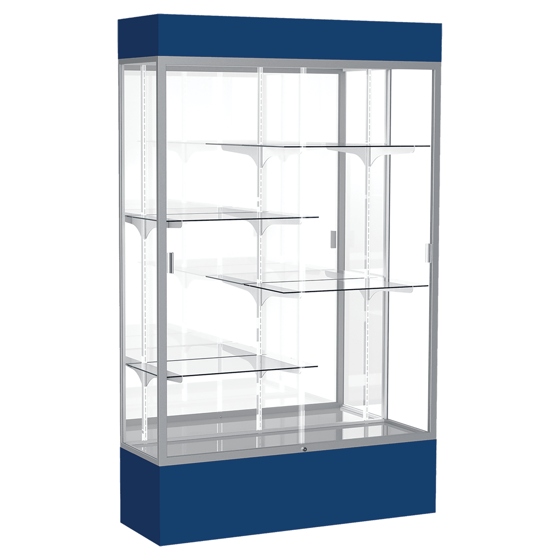 80"H x 48"W x 16"D Navy Laminate Finish, Mirror Back, Satin Aluminum Frame, Lighted, Spirit Display Case