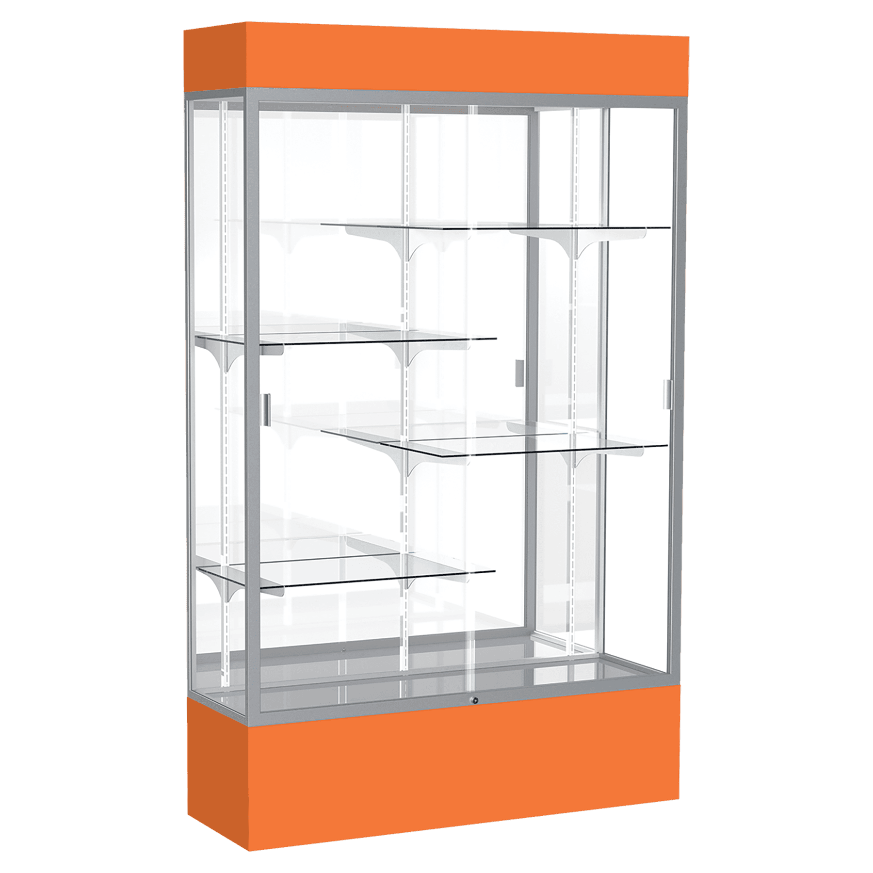 80"H x 48"W x 16"D Orange Laminate Finish, Mirror Back, Satin Aluminum Frame, Lighted, Spirit Display Case