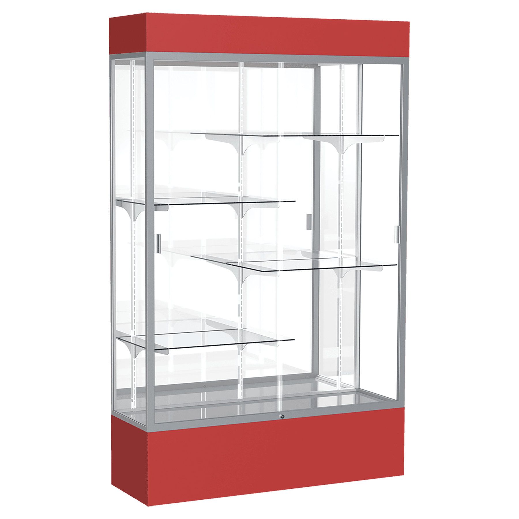 80"H x 48"W x 16"D Red Laminate Finish, Mirror Back, Satin Aluminum Frame, Lighted, Spirit Display Case
