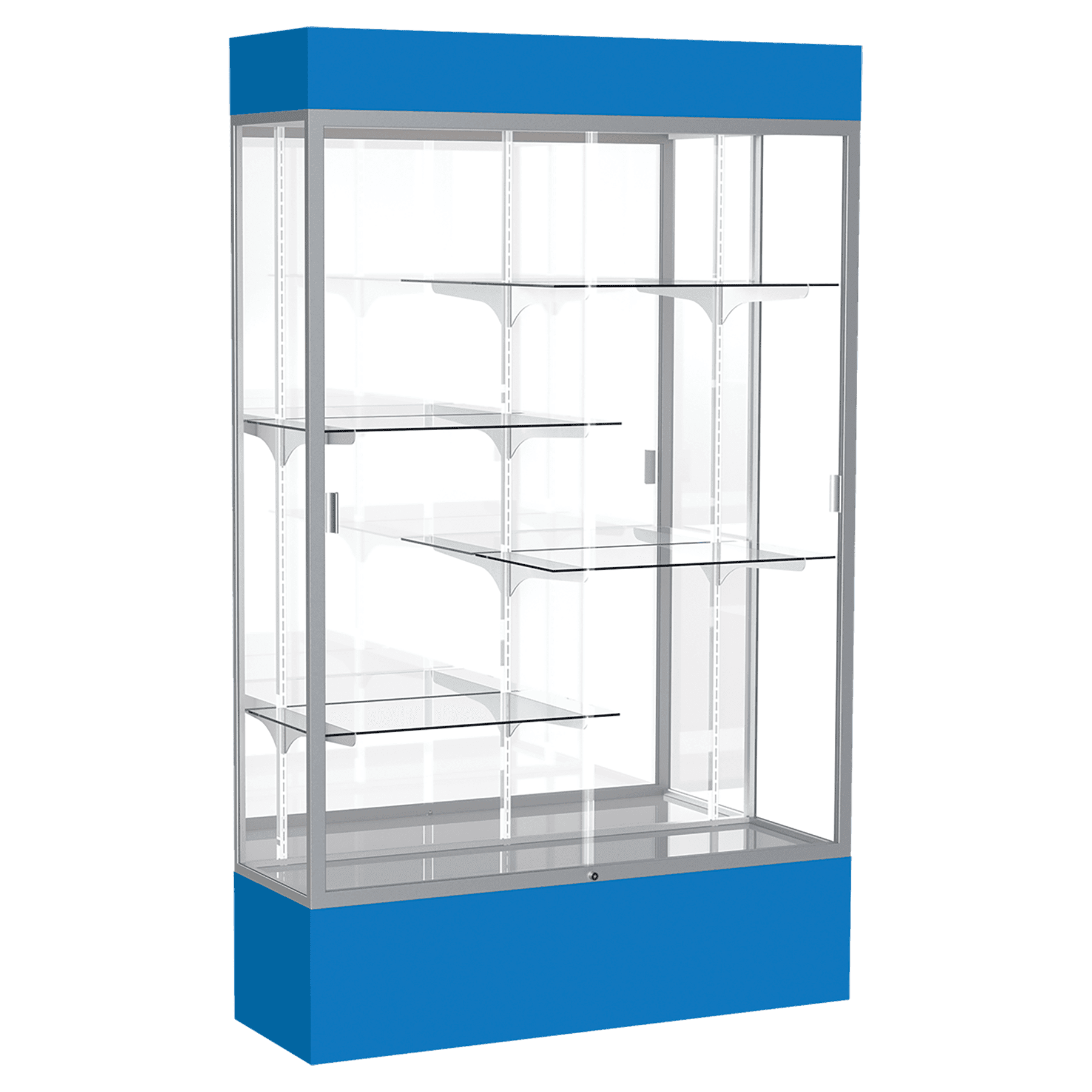 80"H x 48"W x 16"D Royal Blue Laminate Finish, Mirror Back, Satin Aluminum Frame, Lighted, Spirit Display Case
