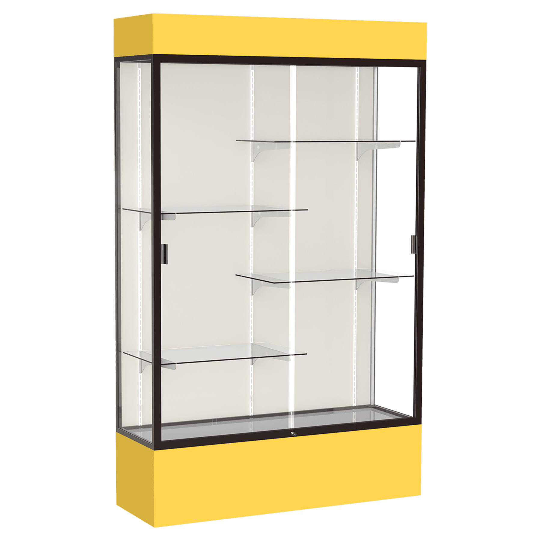 80"H x 48"W x 16"D Goldenrod Laminate Finish, Plaque Fabric Back, Bronze Aluminum Frame, Lighted, Spirit Display Case