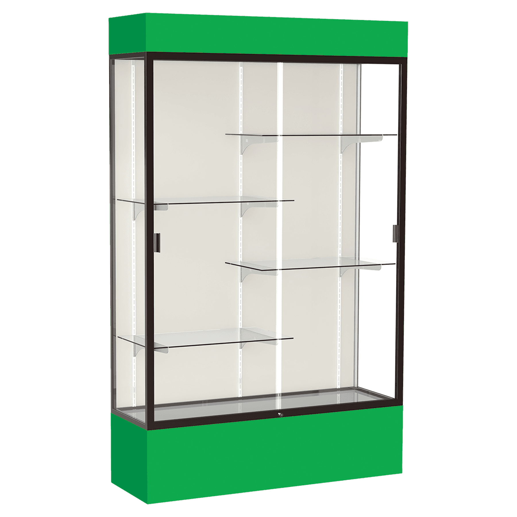 80"H x 48"W x 16"D Kelly Green Laminate Finish, Plaque Fabric Back, Bronze Aluminum Frame, Lighted, Spirit Display Case