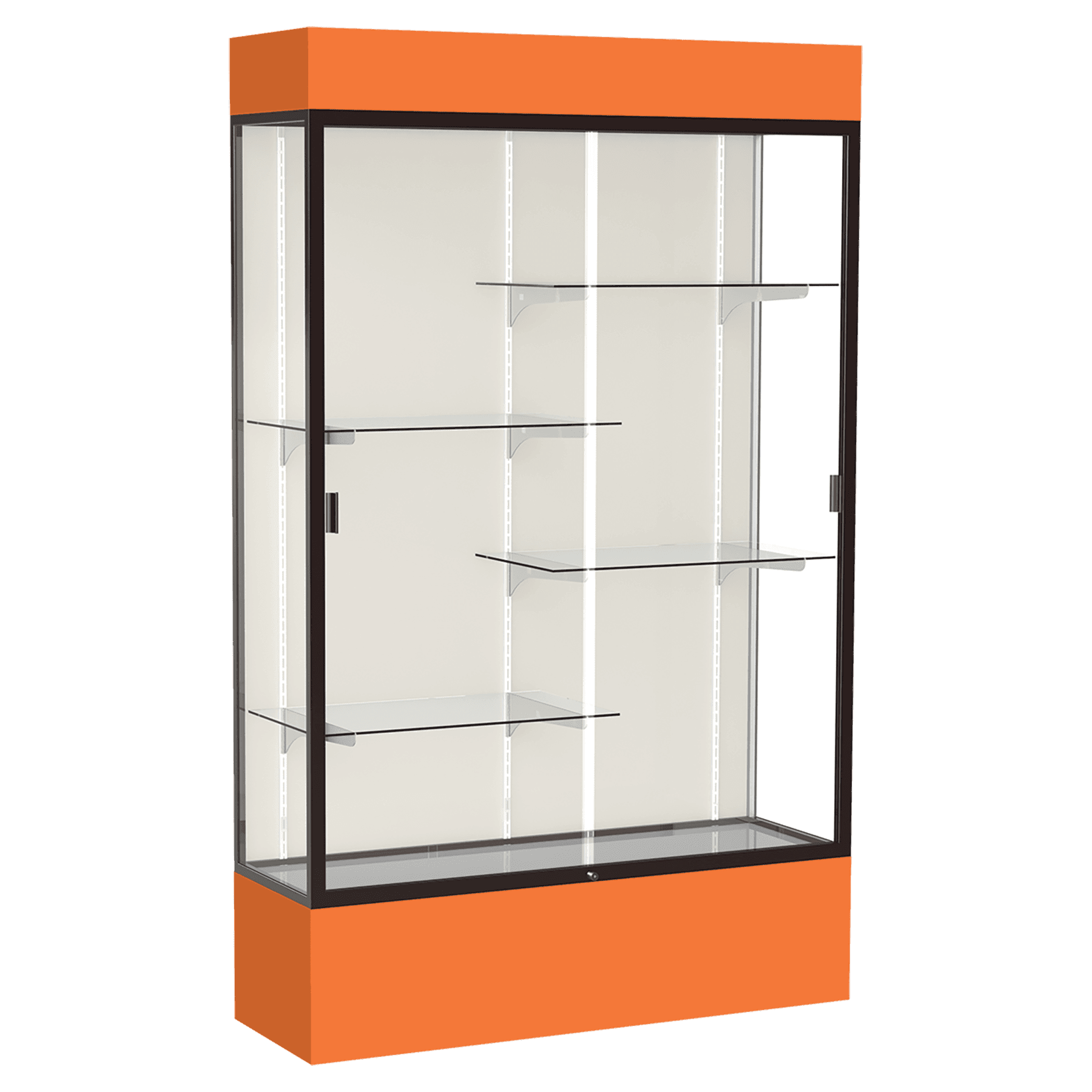 80"H x 48"W x 16"D Orange Laminate Finish, Plaque Fabric Back, Bronze Aluminum Frame, Lighted, Spirit Display Case