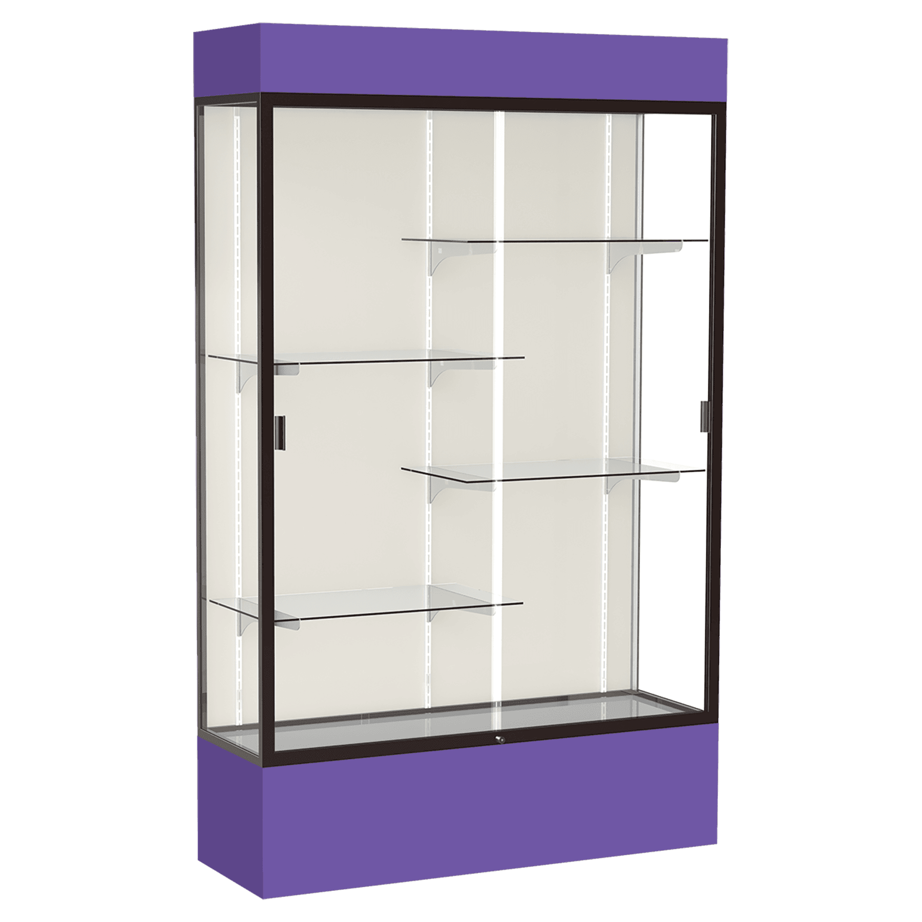 80"H x 48"W x 16"D Purple Laminate Finish, Plaque Fabric Back, Bronze Aluminum Frame, Lighted, Spirit Display Case