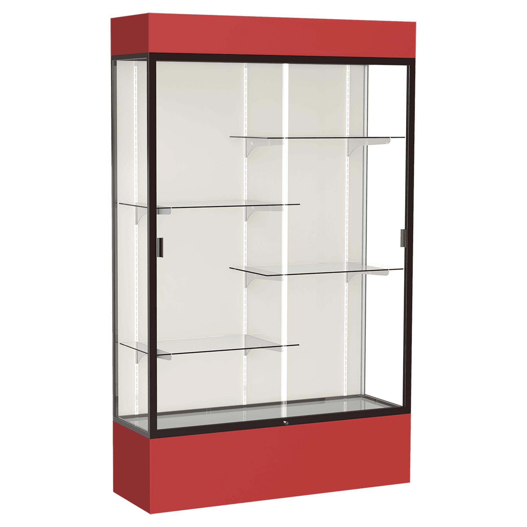 80"H x 48"W x 16"D Red Laminate Finish, Plaque Fabric Back, Bronze Aluminum Frame, Lighted, Spirit Display Case