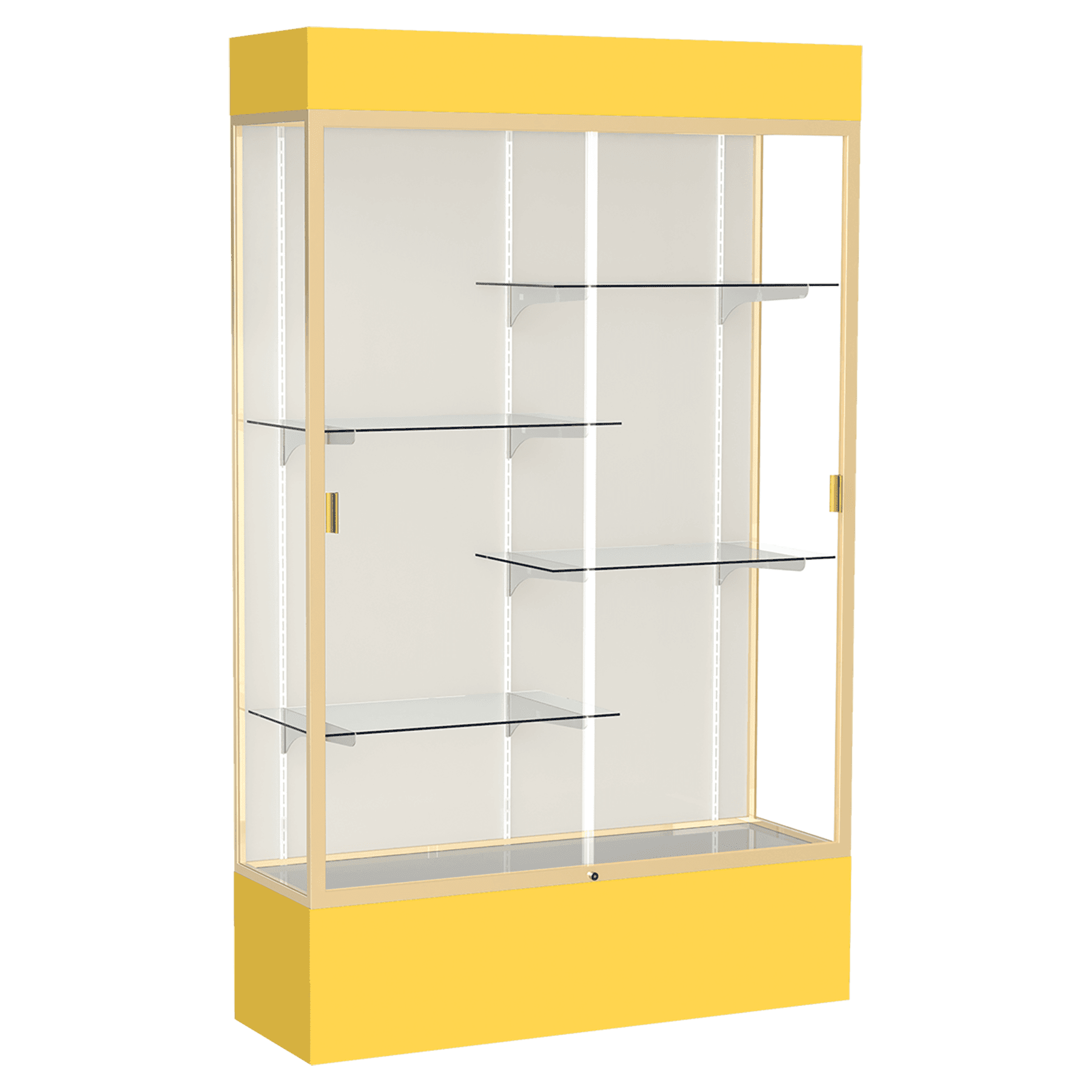 80"H x 48"W x 16"D Goldenrod Laminate Finish, Plaque Fabric Back, Champagne Aluminum Frame, Lighted, Spirit Display Case