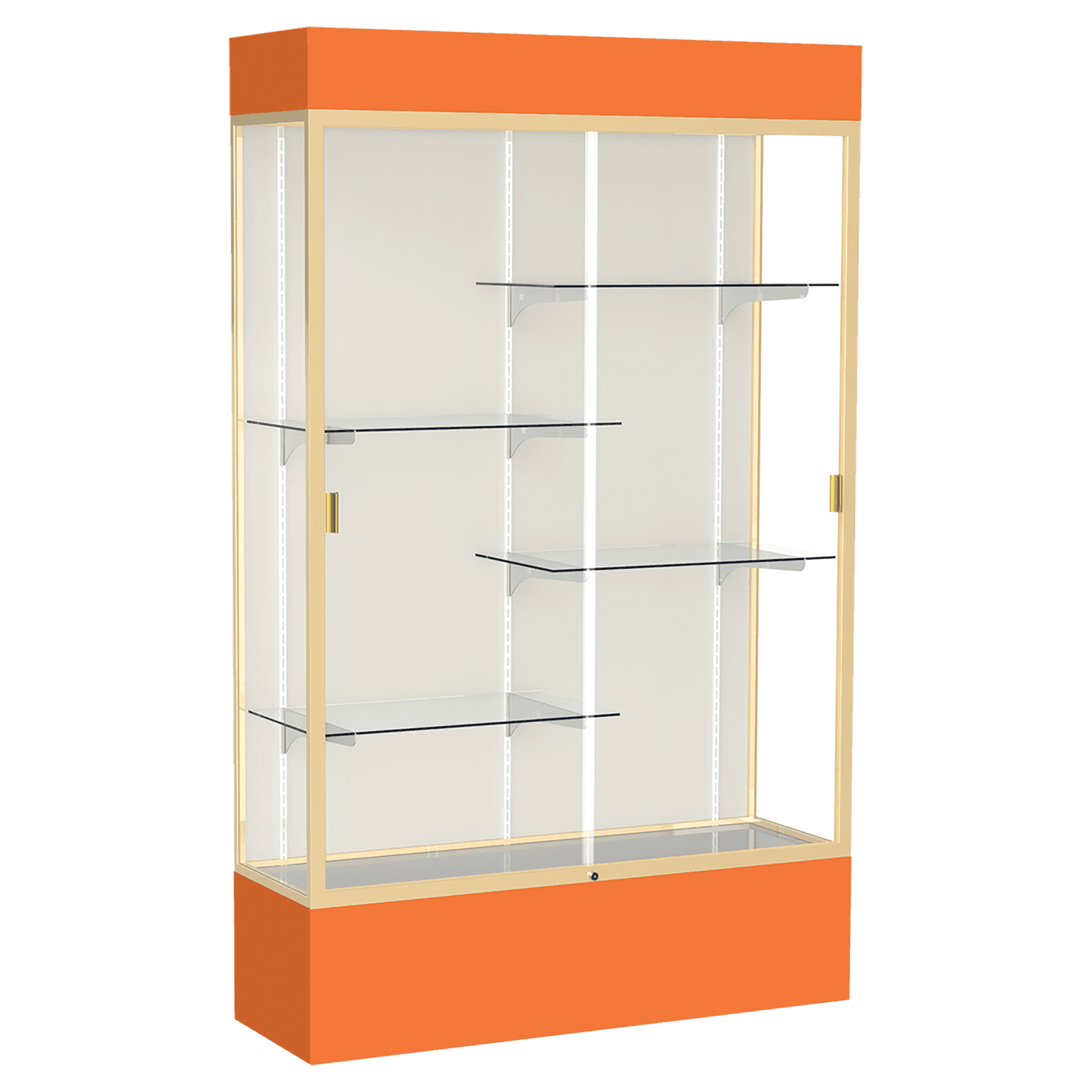 80"H x 48"W x 16"D Orange Laminate Finish, Plaque Fabric Back, Champagne Aluminum Frame, Lighted, Spirit Display Case