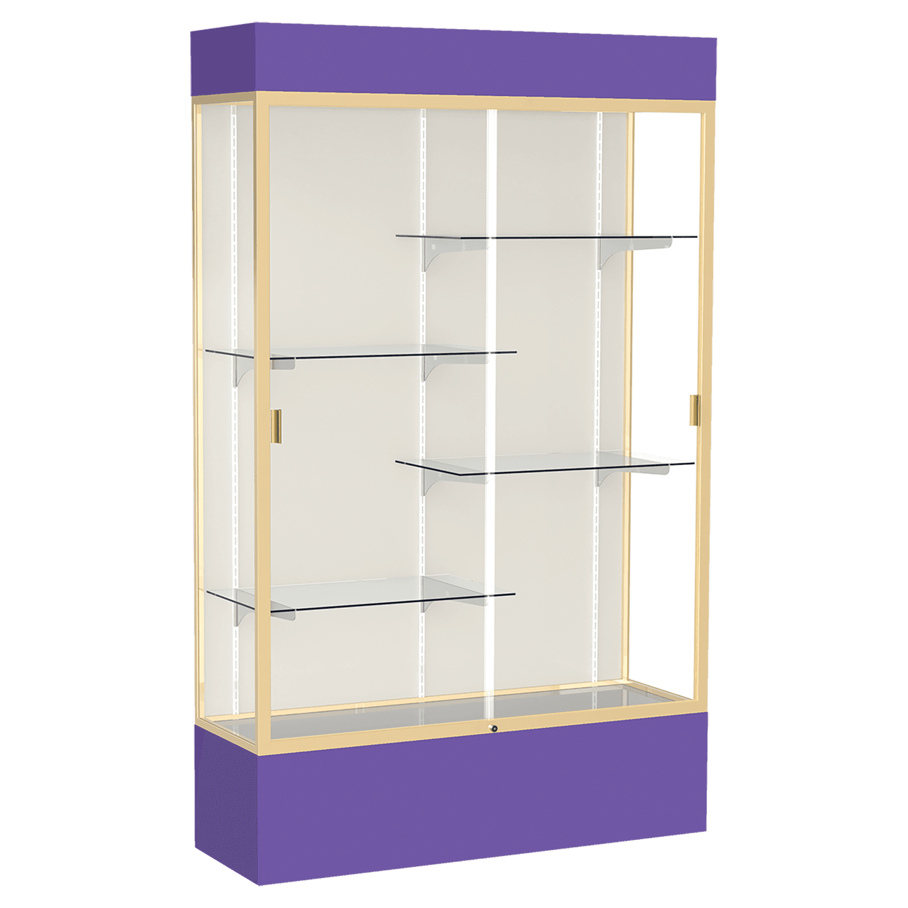 80"H x 48"W x 16"D Purple Laminate Finish, Plaque Fabric Back, Champagne Aluminum Frame, Lighted, Spirit Display Case