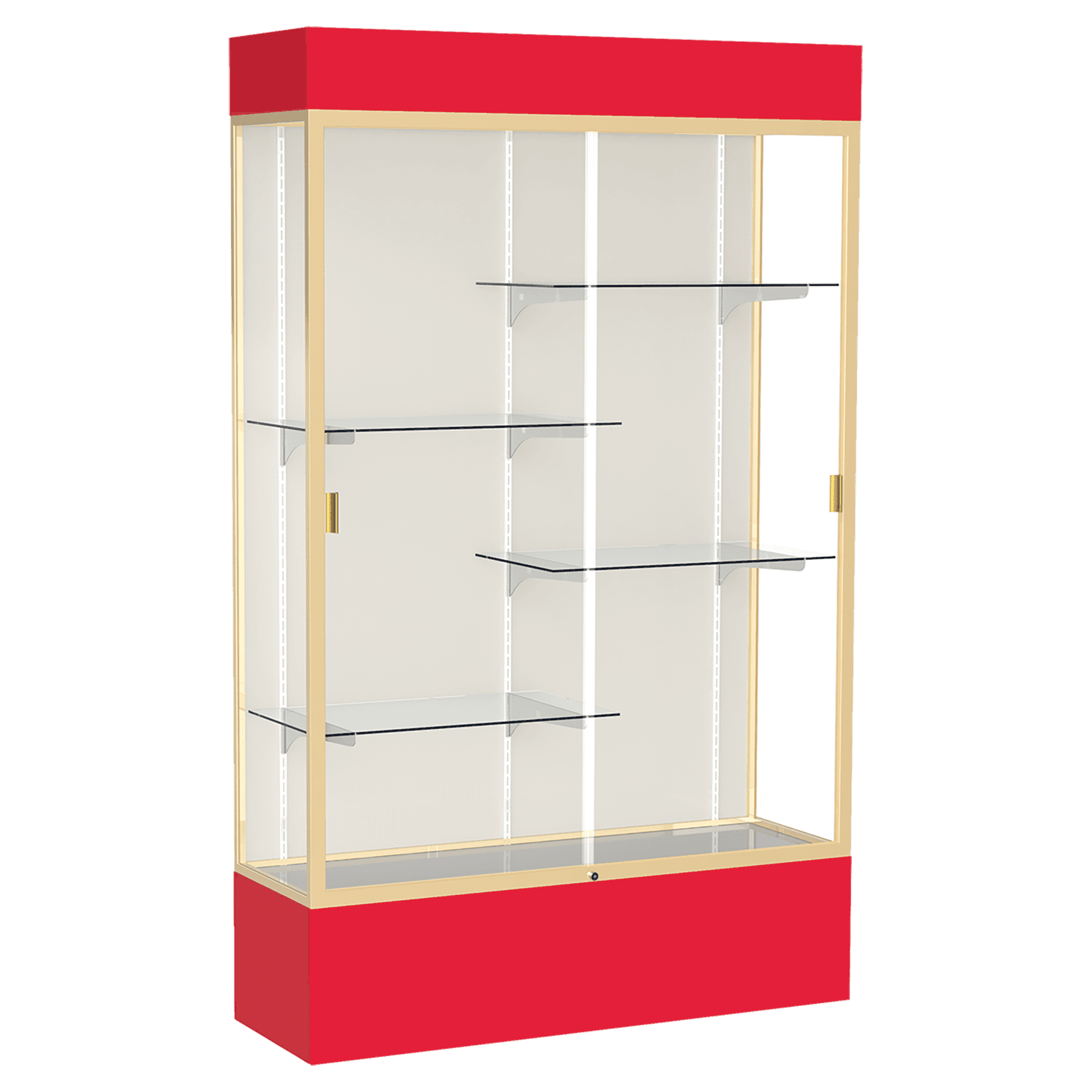 80"H x 48"W x 16"D Red Laminate Finish, Plaque Fabric Back, Champagne Aluminum Frame, Lighted, Spirit Display Case