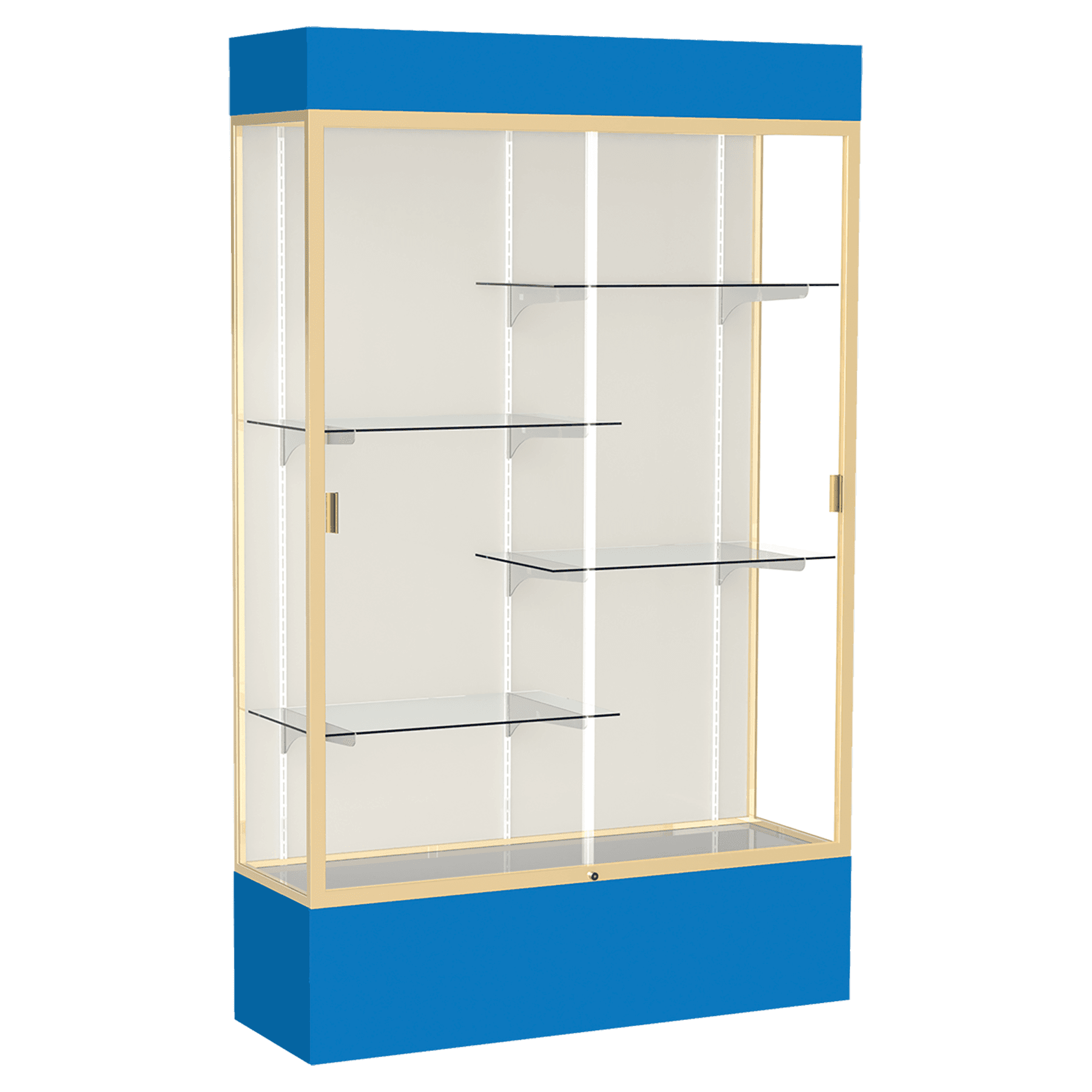 80"H x 48"W x 16"D Royal Blue Laminate Finish, Plaque Fabric Back, Champagne Aluminum Frame, Lighted, Spirit Display Case