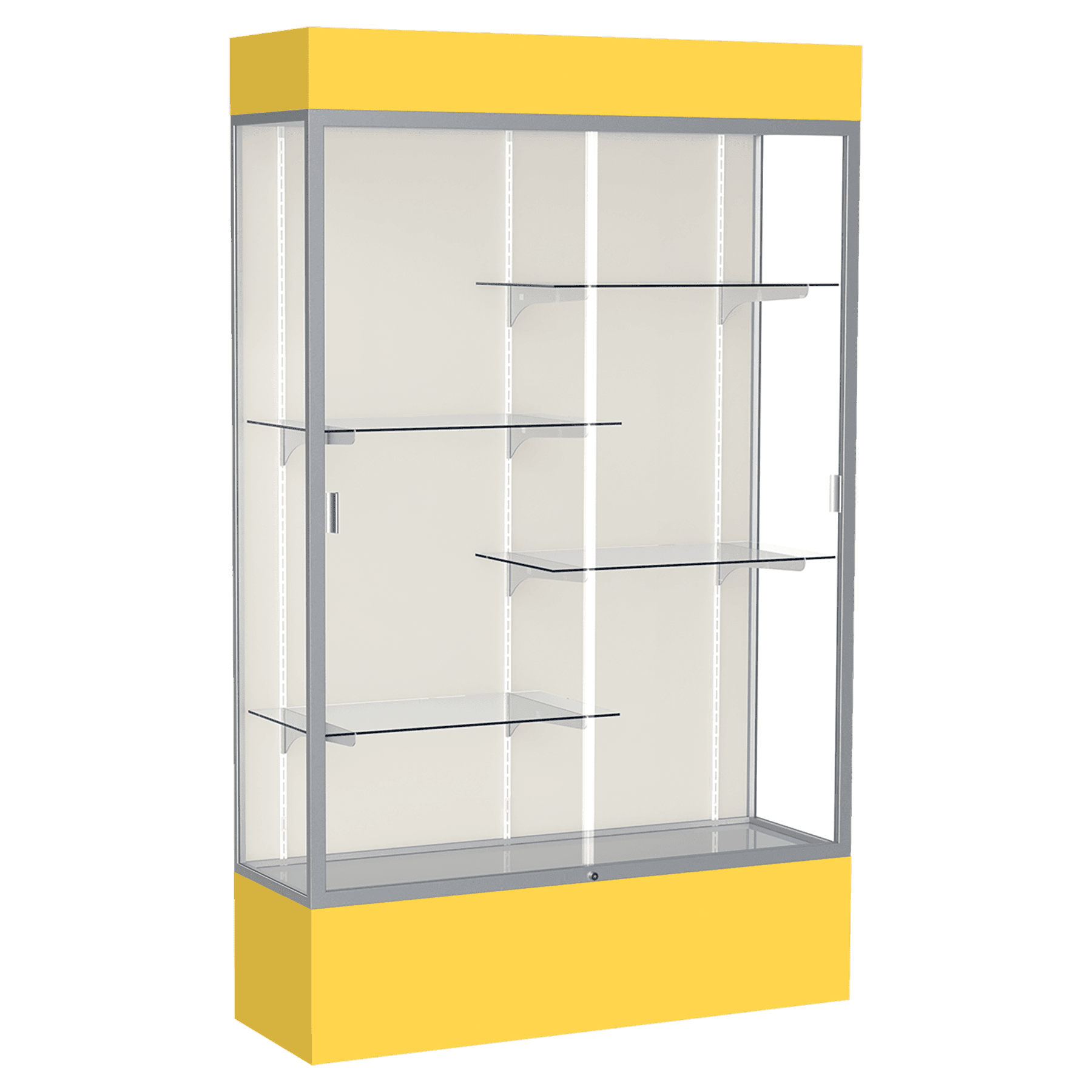 80"H x 48"W x 16"D Goldenrod Laminate Finish, Plaque Fabric Back, Satin Aluminum Frame, Lighted, Spirit Display Case