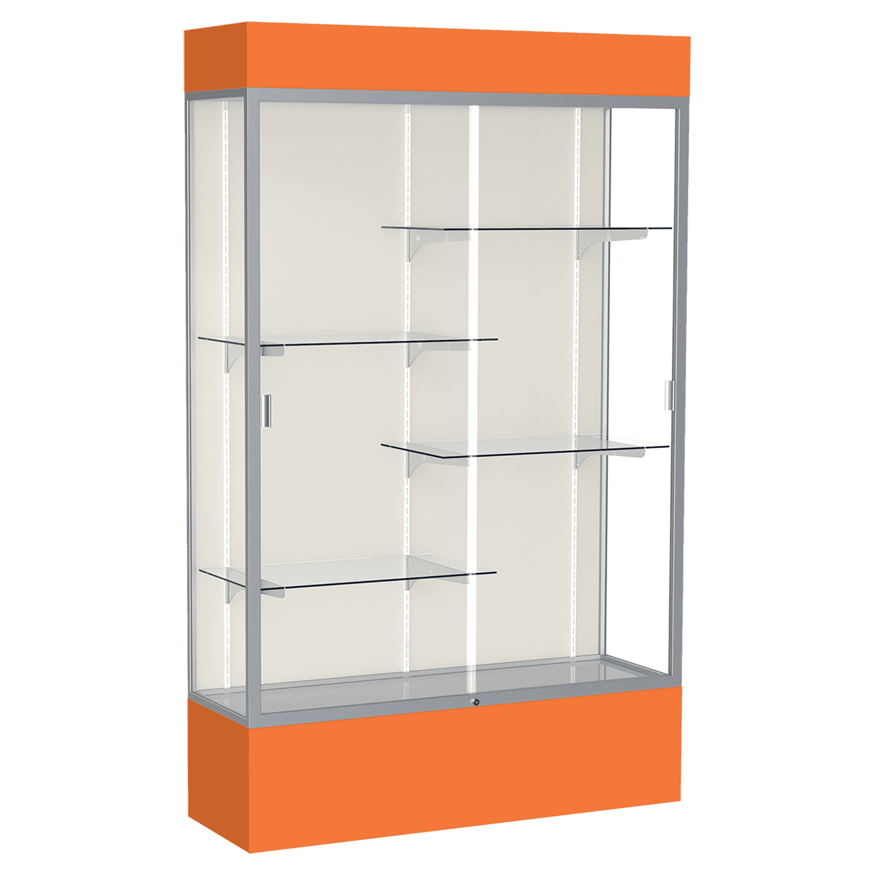 80"H x 48"W x 16"D Orange Laminate Finish, Plaque Fabric Back, Satin Aluminum Frame, Lighted, Spirit Display Case