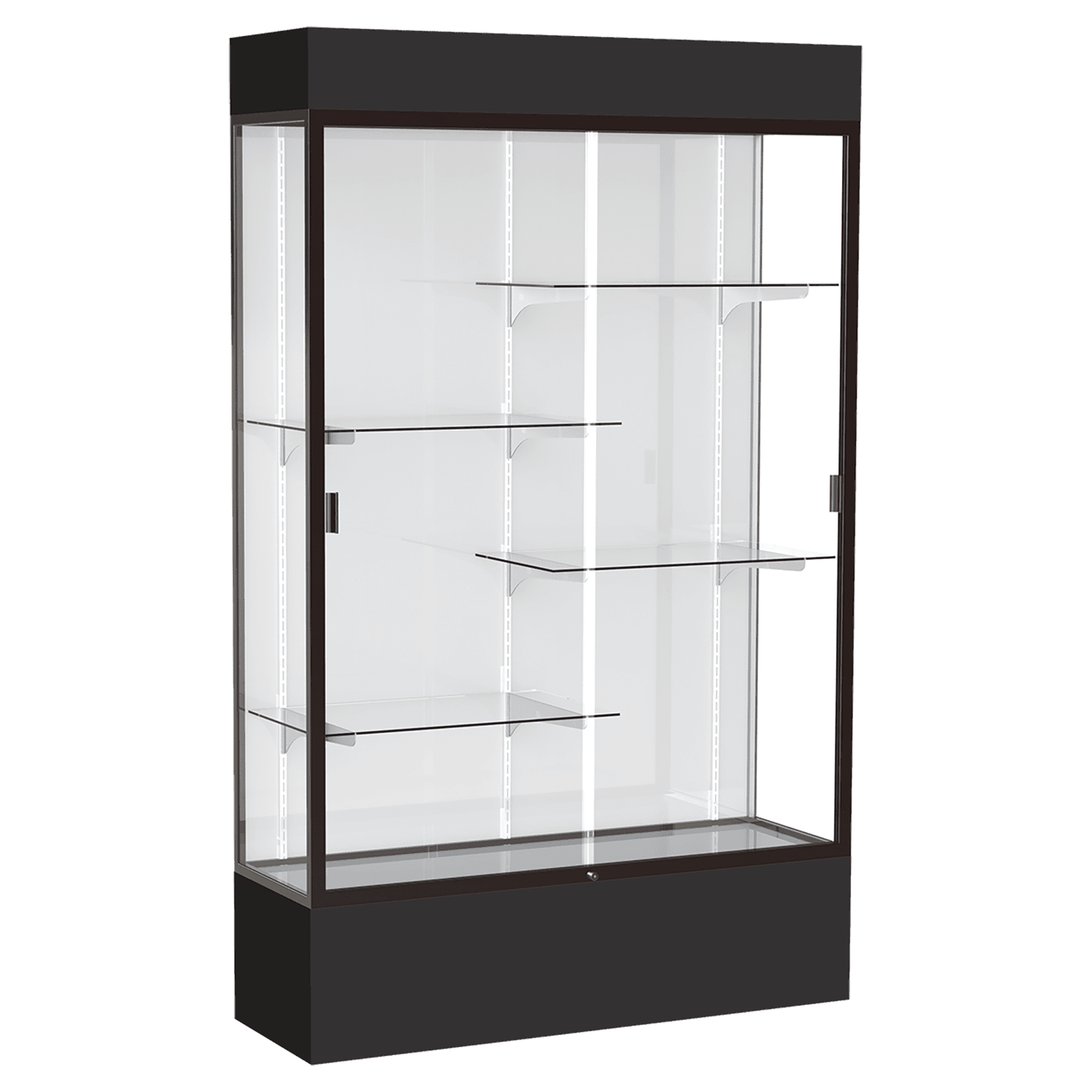 80"H x 48"W x 16"D Black Laminate Finish, White Laminate Finish Back, Bronze Aluminum Frame, Lighted, Spirit Display Case