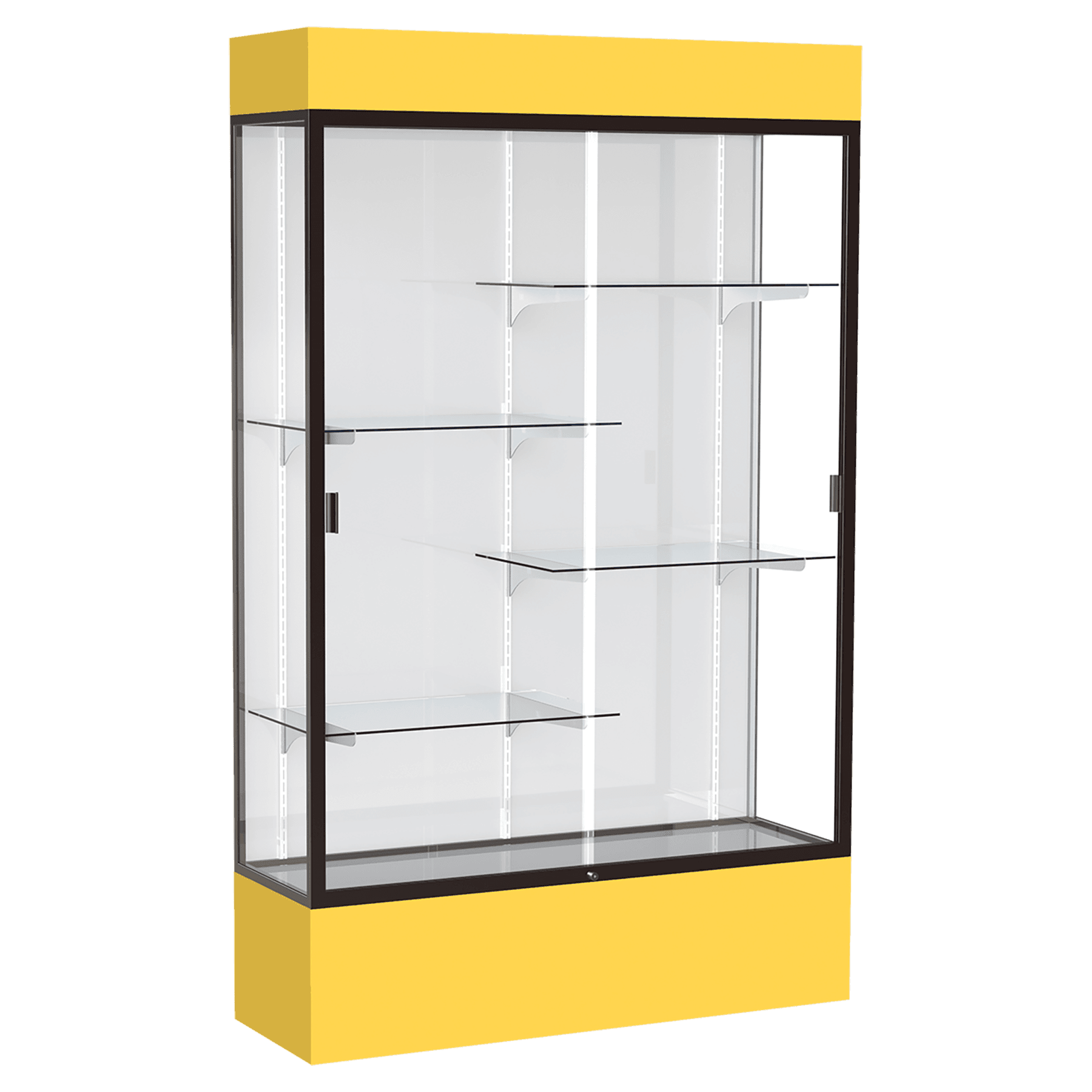 80"H x 48"W x 16"D Goldenrod Laminate Finish, White Laminate Finish Back, Bronze Aluminum Frame, Lighted, Spirit Display Case