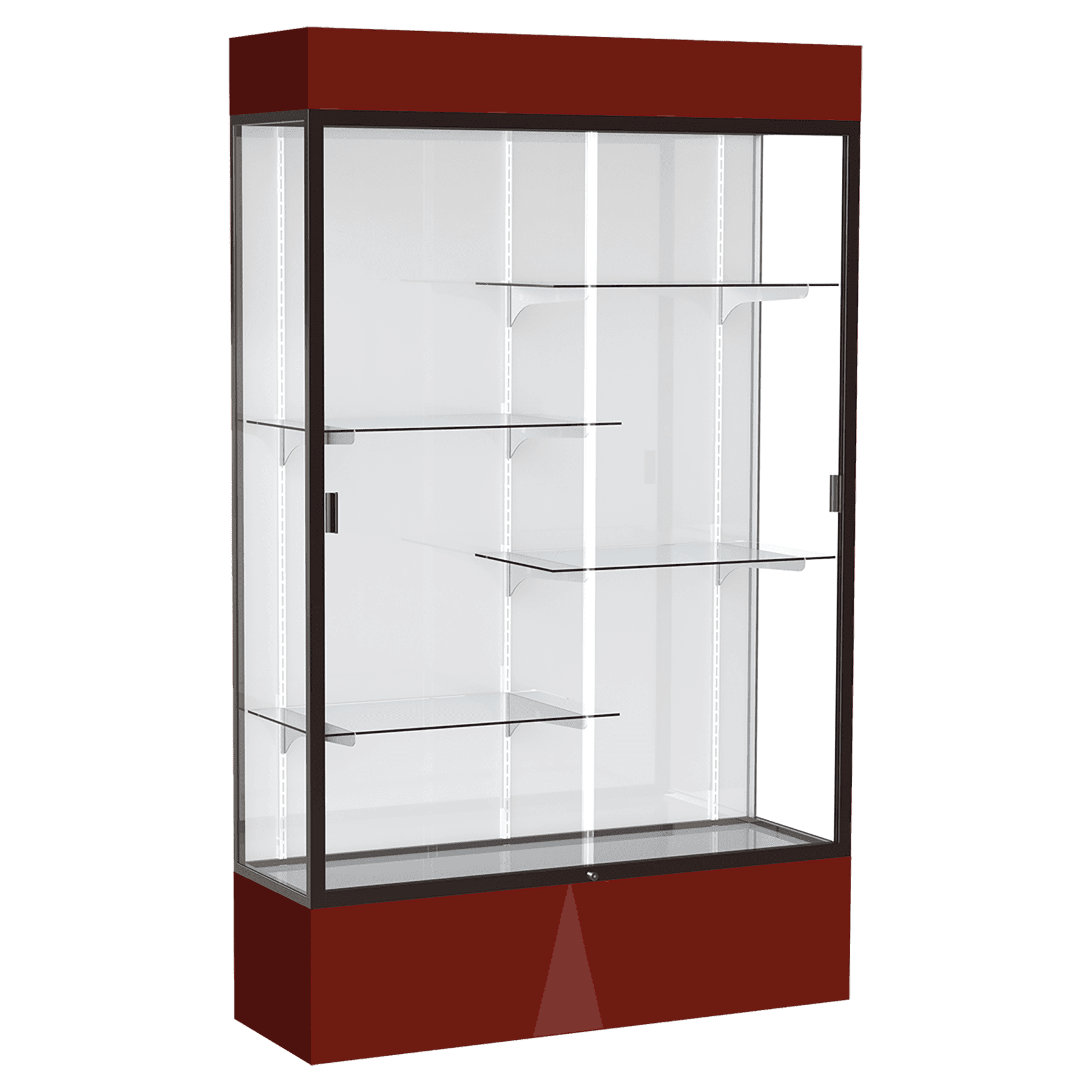 80"H x 48"W x 16"D Maroon Laminate Finish, White Laminate Finish Back, Bronze Aluminum Frame, Lighted, Spirit Display Case