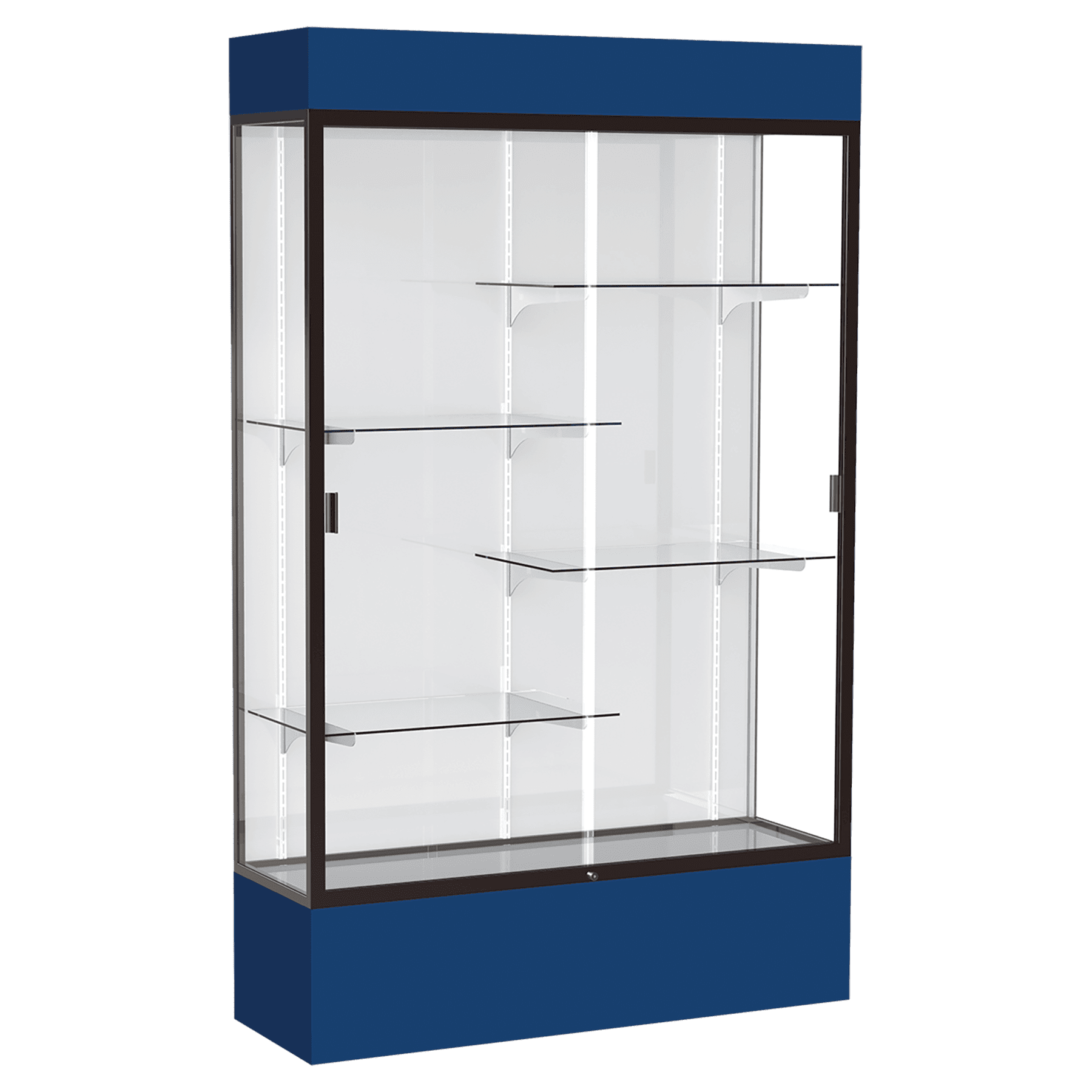 80"H x 48"W x 16"D Navy Laminate Finish, White Laminate Finish Back, Bronze Aluminum Frame, Lighted, Spirit Display Case