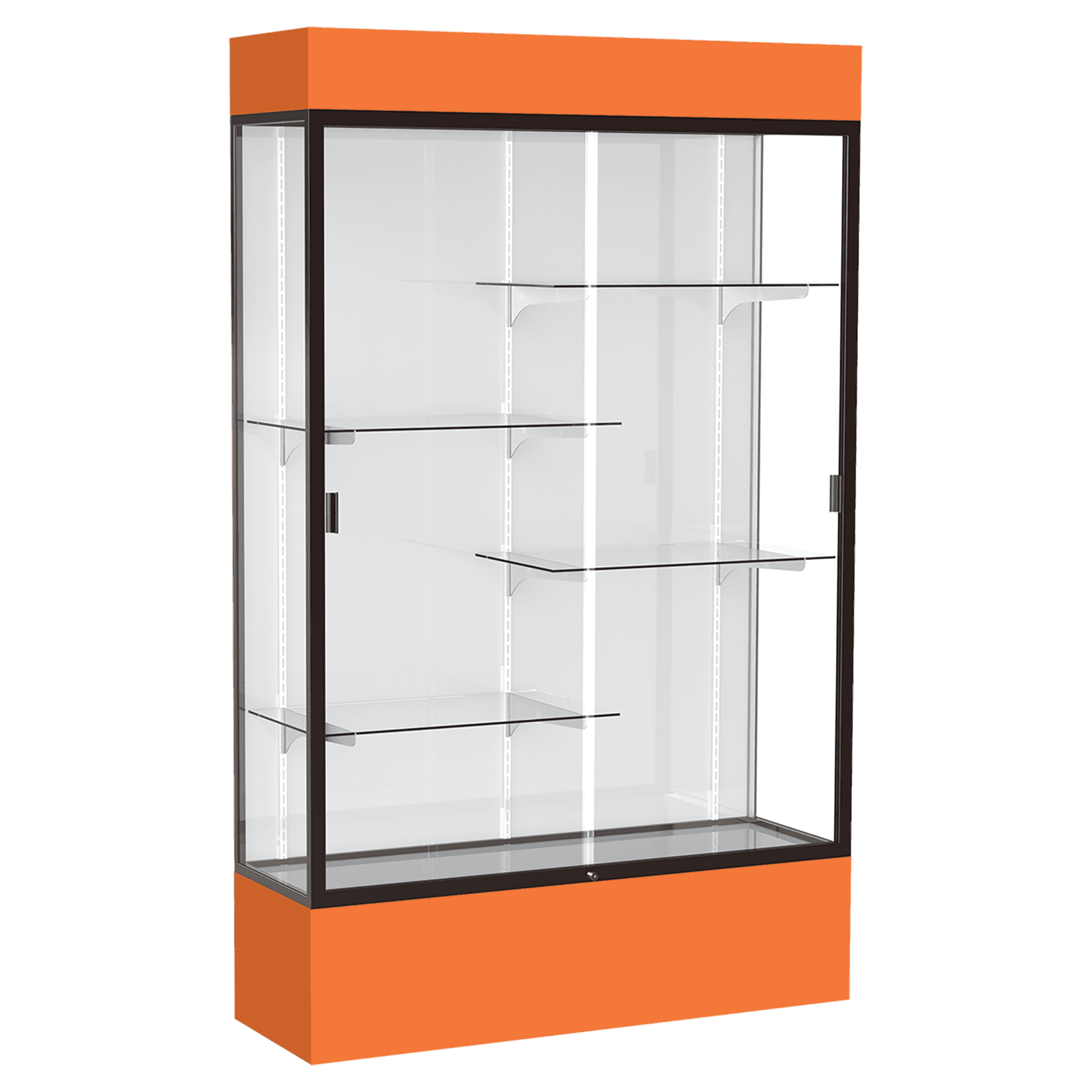 80"H x 48"W x 16"D Orange Laminate Finish, White Laminate Finish Back, Bronze Aluminum Frame, Lighted, Spirit Display Case